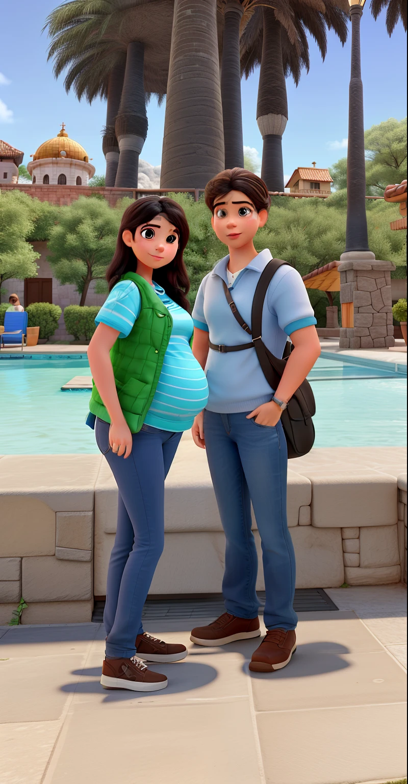 Pixar Style mujer joven delgada embarazada de 9 meses, test blanca, cabello negro medio largo, y hombre joven de piel canela cabello corto negro