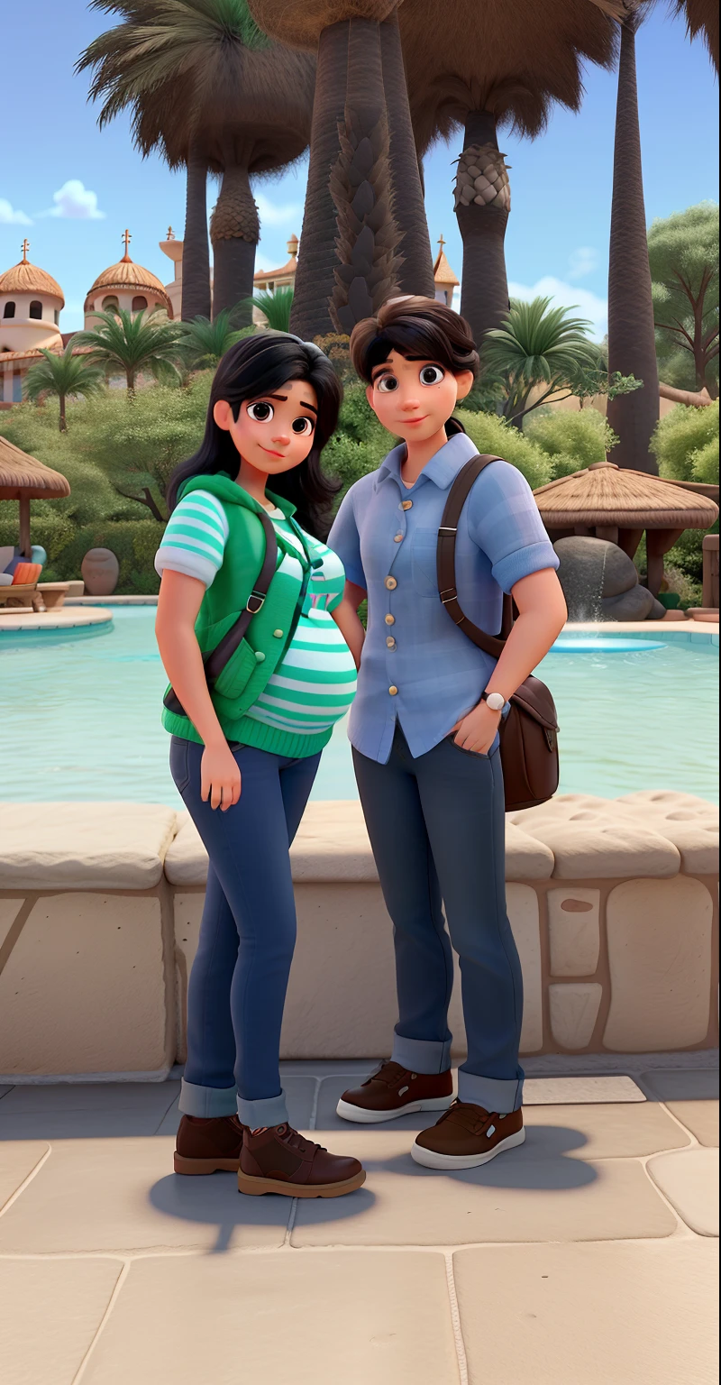 Pixar Style mujer joven delgada embarazada de 9 meses, test blanca, cabello negro medio largo, y hombre joven de piel canela cabello corto negro