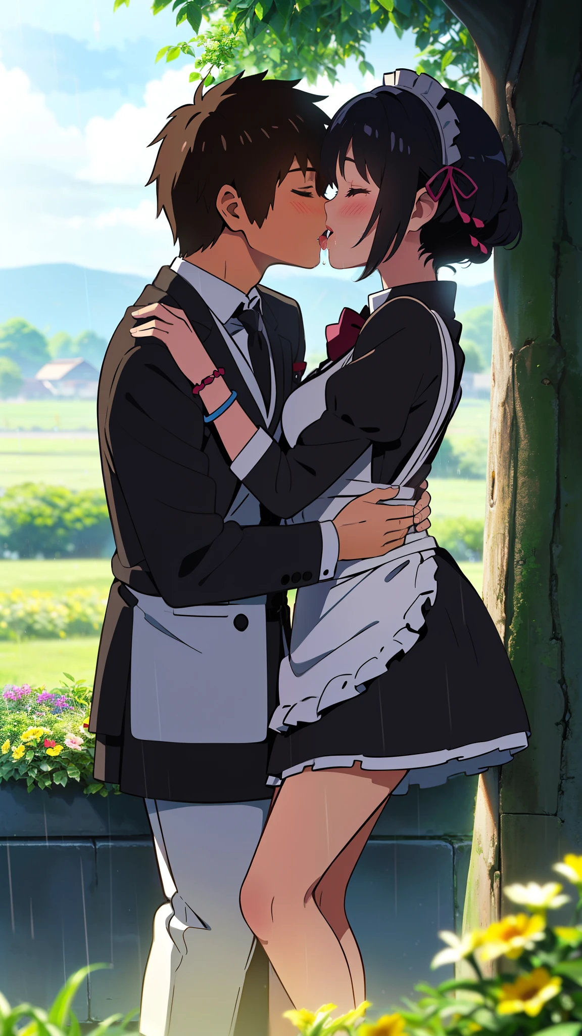 shinkai makoto, kimi no na wa., 1girl, 1boy, bangs, black hair, blush, (boy wear Suspender Clothes), ((girl wear maid dress, short dress, short skirt, maid headdress), bow, ribbon, short hair, cute, love, couple, adorable, Off-the-shoulders, dating, (((kiss, deep kiss, tongue, saliva))), closed eyes, bracelet, passionate hug, under a tree and it rains, flower field, Sit on the grass, sky, cloudy, afternoon, sunlight