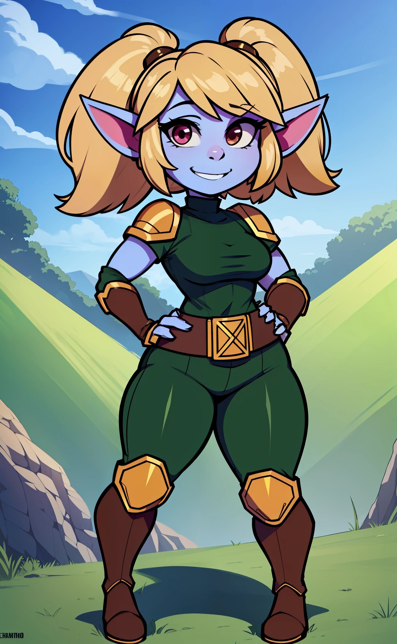 [poppy], [LOL], ((masterpiece)), ((HD)), ((high res)), ((beautiful render art)), ((solo portrait)), ((full body)), ((front view)), ((feet visible)), ((detailed shading)), {(attractive), (short), yordle, (blue skin), (elf ears), (blonde hair), (twintails), (cute magenta eyes), (detailed iris), (short eyelashes), (sharp nails), (curvy hips), (thick thighs), (cute smile), (excited expression)}, {(brown and gold armor), (baggy green pants), (brown belt), (utility belt), (brown gauntlets), (brown gloves), (brown boots), (golden knee pads)}, {(standing), (hands on hops), (looking at viewer)}, [background; (forest), (blue sky), (sun rays), (ambient lighting)]