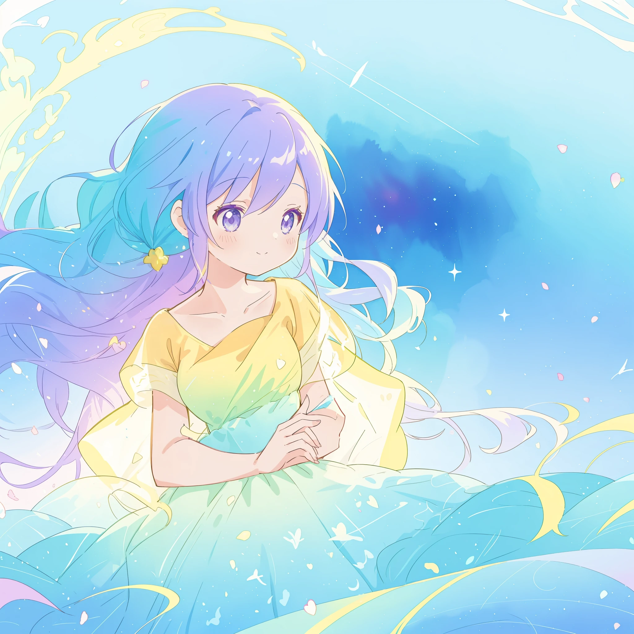 beautiful girl in yellow-mint gradient flowing dress, long flowing blue-purple hair, colorful fantasia background, watercolor illustration, (vibrant bright colors), disney art style, glowing aura around her, glowing lights, beautiful digital illustration, fantasia otherworldly, beautiful, masterpiece, best quality, anime disney style