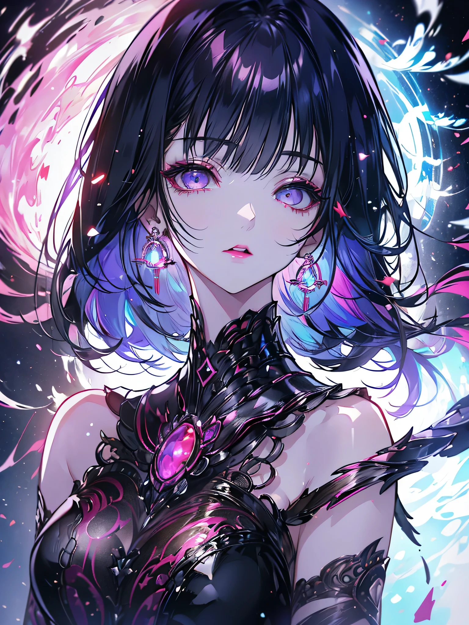 (((Super detailed, 8K quality))),,hair above one eye, red eyes, clear eyes, choker, open jacket, towards the wall,shineing grafiti, shineing tattoos, shine,,anime style, movieポートレート写真, 1 female, 22 years ago, Full body Esbian,椅子にsit、cross your legs、blue eye background, big and full breasts, anger, (scarlet hair), long hair, purple eyes, wearing a short black dress, (natural skin texture vivid details, surreal, (realistic detailed eyes, natural skin texture, realistic facial details), soft and dramatic lighting, Depth of written boundary, Bokeh, vivid details, surreal, 35mm movie, hazy blur, movie,lipstick, ear piercing, eye shadow, hoop earrings, red pink lips, 多色のred eyes, purple theme,Wear an iridescent aura,beautiful eyes,stand in front of the red gate、leaning forward,hanging bangs,sit