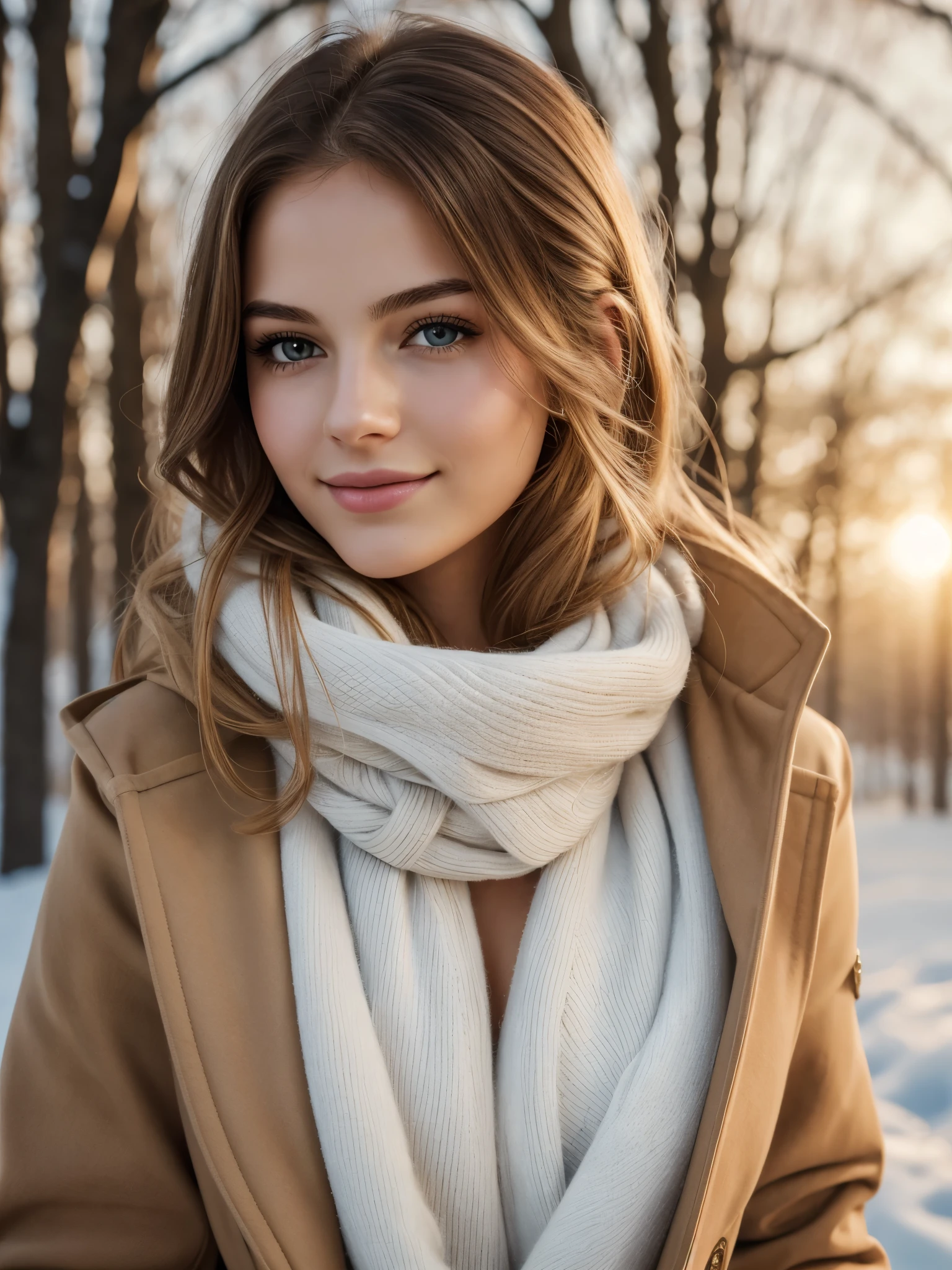 {{{SOLO}}}, (best quality,4k,8k,highres,masterpiece:1.2),ultra-detailed,realistic,photorealistic:1.37, beautiful detailed eyes, beautiful detailed lips, extremely detailed face, long eyelashes, intimate view, classic oil painting, soft lighting, vibrant colors, warm tones, atmosphere, young and beautiful 19 year old American girl, slender, timid expression, random hairstyle, {{{random hair colour}}}, flawless fair skin texture, perky, gentle breeze, sexy and feminine pose, perky small breasts, wide smile, wintercoat, surrounded maple trees, winter time, afternoon