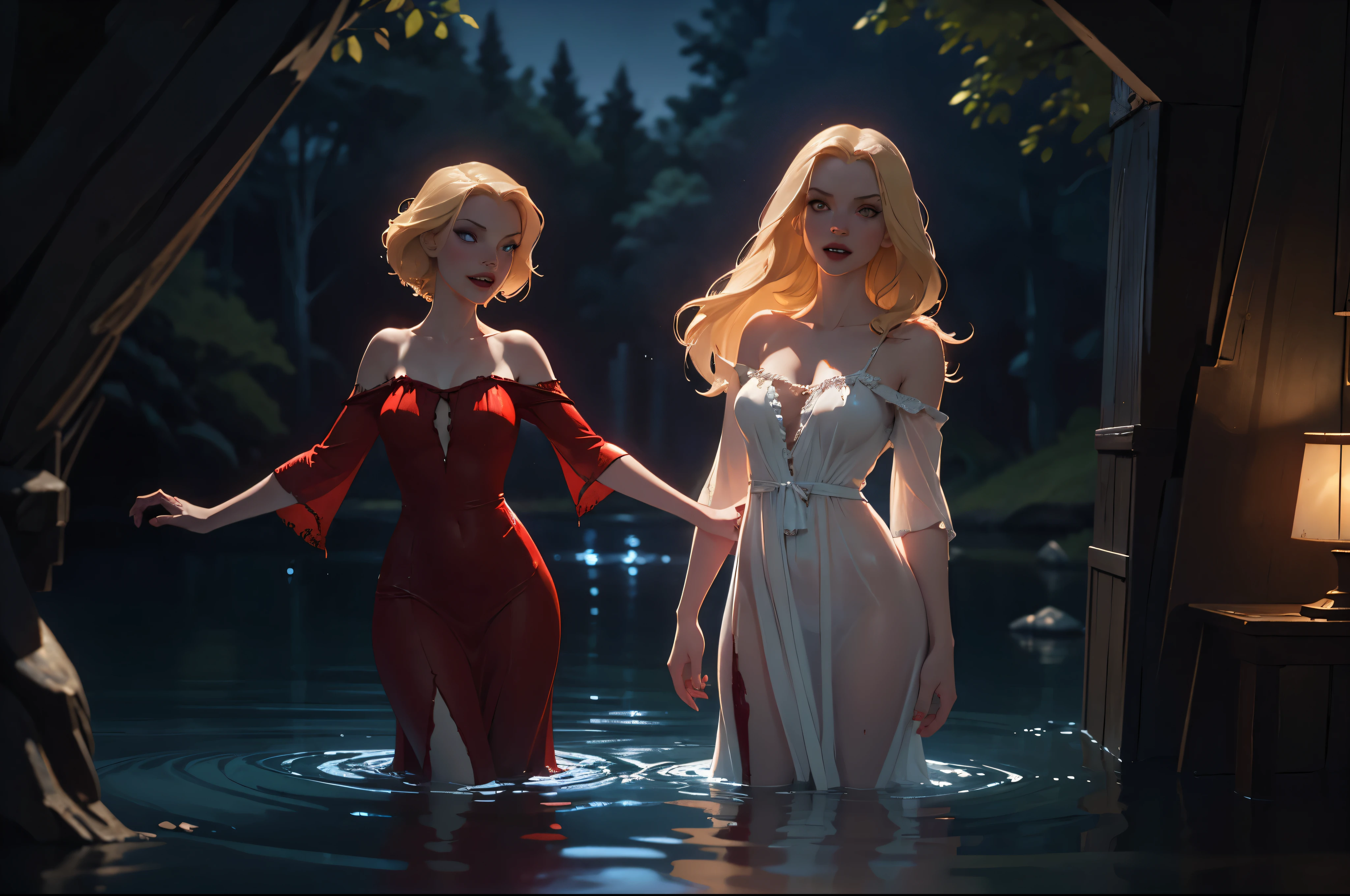 ((Night)) ((a deserted lake)) 3 Vampire women, (full body), 1 brunette, 1 blonde, 1 redhead, pale skin, fangs bared, sexy pale nightgown, looking at viewer, rises out of the water, soaking wet. style of a painted book illustration, dramatic lighting, (depth of field), ((masterpiece)), ((best quality)), ((highly detailed))