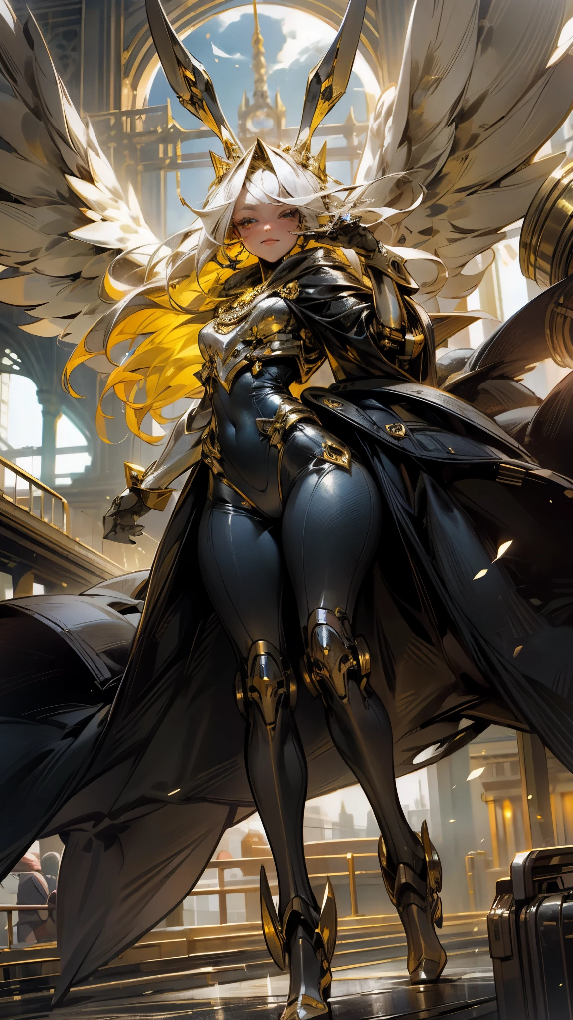 In the expansive frame of this masterpiece, a scene of unparalleled beauty unfolds before us. A slim, colared-haired woman, dressed in perfect proportions, stands proudly on a futuristic street. Her radiant, gold footwear glimmers in the vibrant, dramatic lighting, contrasting strongly with the deep shadows cast by the towering, shiny metal cyborg people behind her.

Her metal mechanical limbs gleam under the bright, captivating light, complementing her rabbit ears that sit atop her head. The wings behind her, large and ornately feathered, add an air of mystery to her already intriguing presence. With a mischievous laugh. Looking at viewer. attacking viewer.