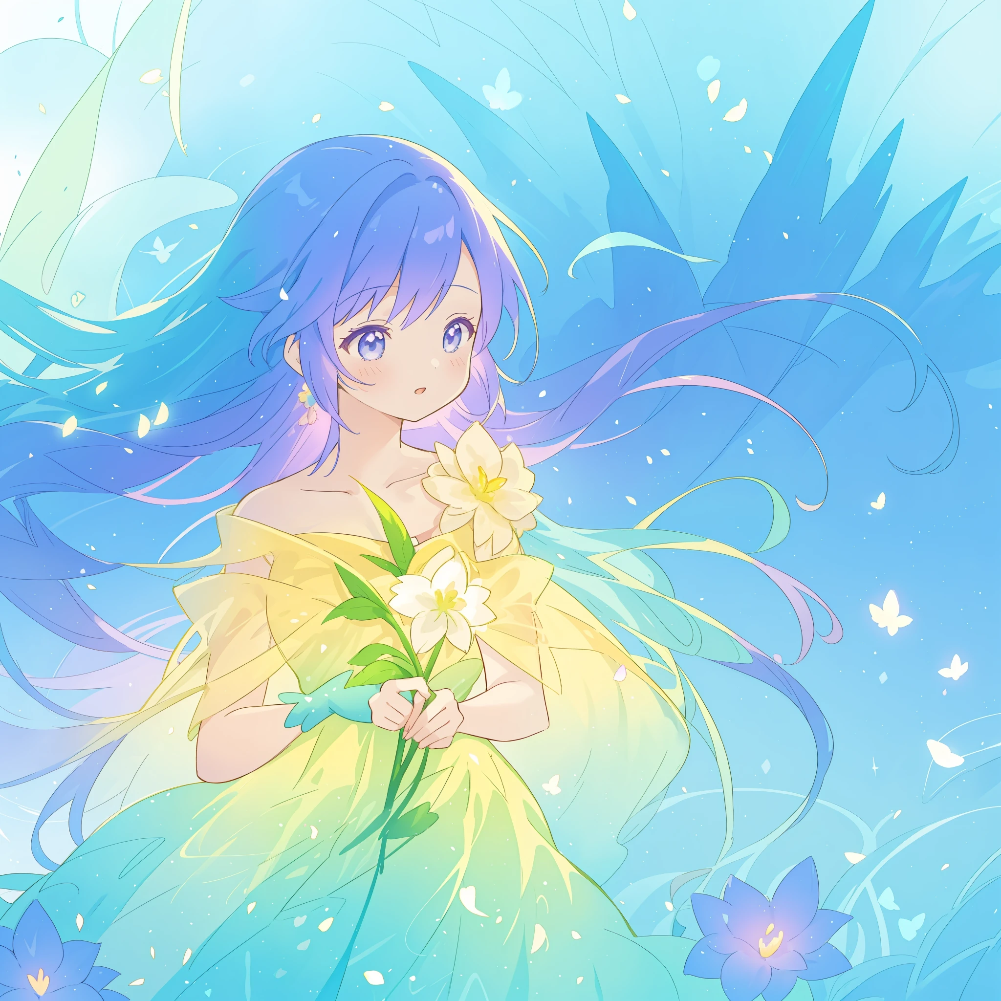 beautiful girl in yellow mint gradient flowing dress, long flowing blue-purple hair, colorful fantasia background, watercolor illustration, disney art style, glowing aura around her, glowing lights, beautiful digital illustration, fantasia otherworldly landscape plants flowers, beautiful, masterpiece, best quality, anime disney style