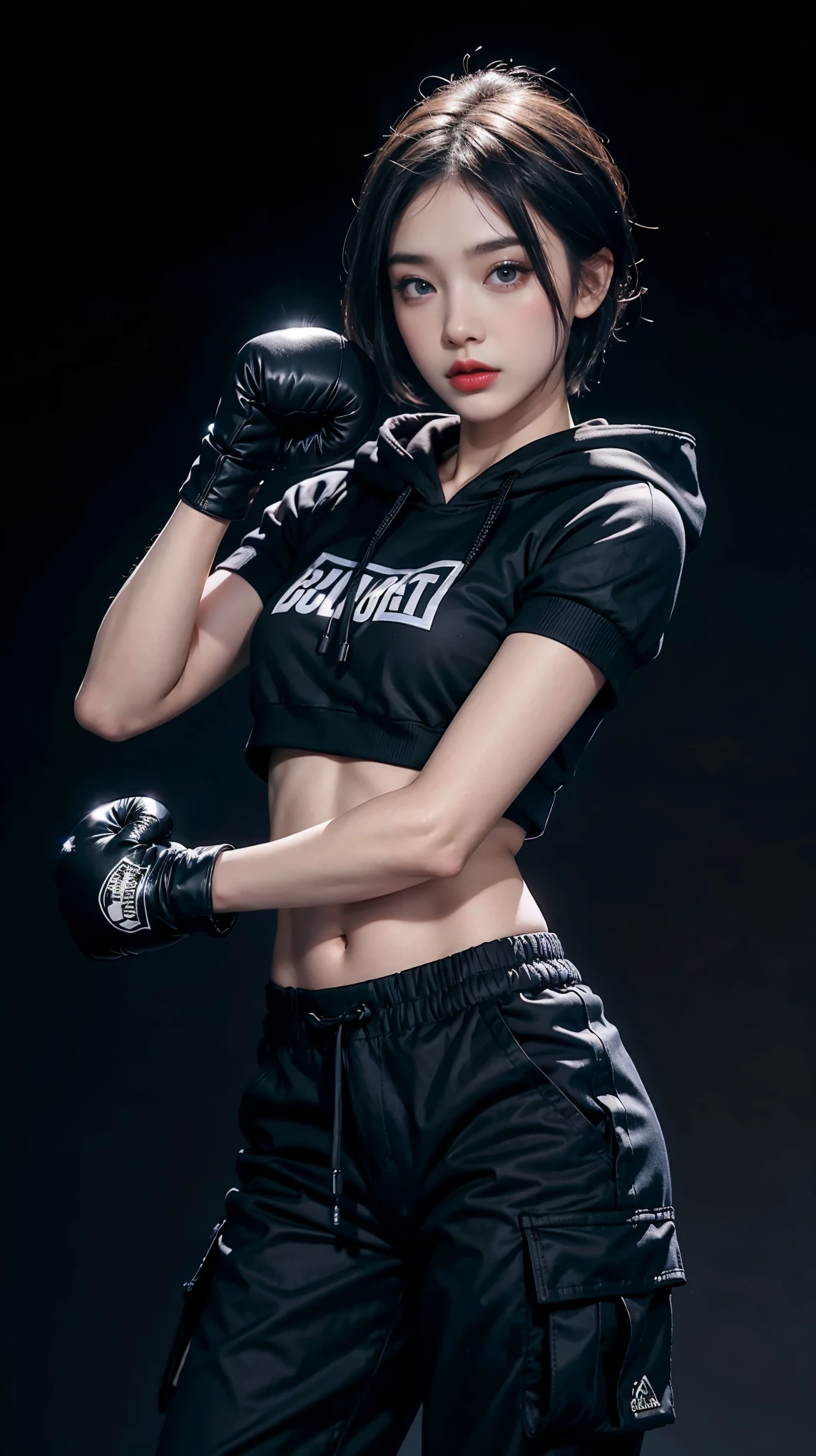best quality, Clarity, 4k, 8k, detail, actual, Beautiful Girl, Korean makeup, Red lips, blue short haired, Perfect body, stand, pose standing, medium chest, ((black hoodies)), ((black Cargo Box Pants)), (((black boxing gloves))),boxing,dark room background, detail, more details