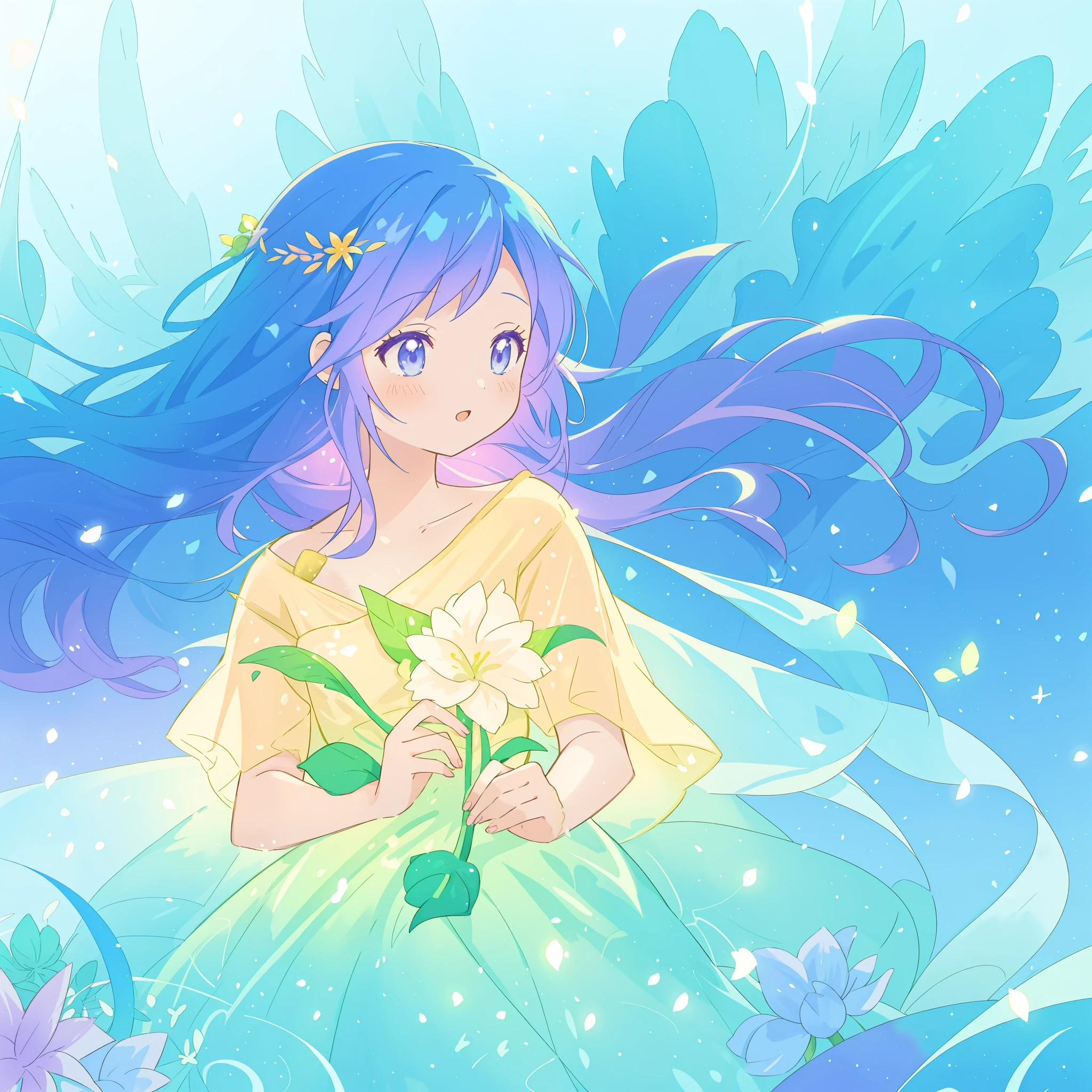 beautiful girl in yellow mint gradient flowing dress, long flowing blue-purple hair, colorful fantasia background, watercolor illustration, disney art style, glowing aura around her, glowing lights, beautiful digital illustration, fantasia otherworldly landscape plants flowers, beautiful, masterpiece, best quality, anime disney style