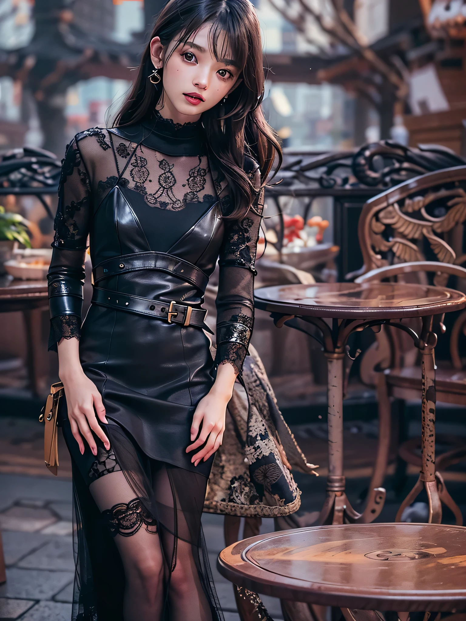 8k, RAW photo, highest quality, masterpiece, realistic, photorealistic, clear, professional lighting, beautiful face, highest quality, ultra high resolution.
break (whole body.:1.5), ,(18 years old very beautiful Japanese girl:1.3)
NSFW,
thin, very flat chest, very small breasts
(The supermodel poses in various poses with a confident smile in a photoshoot, :1.4)
(A very stylish cafe terrace at night, magically lit up, :1.3)
(black theme:1.4)
break (futuristic, Stylish and intricately shaped leather dress:1.3)
break latex, shiny, liquid, rubber, break(turtleneck:1.2),(black theme:1.3),(lace and leather turtleneck,:1.3)Black A-line leather maxi skirt:1.4),
(lace and leather patchwork:1.5),
(Separate leather dress with intricate triangular silhouette and lace decoration:1.5),
(lace patchwork,:1.4)