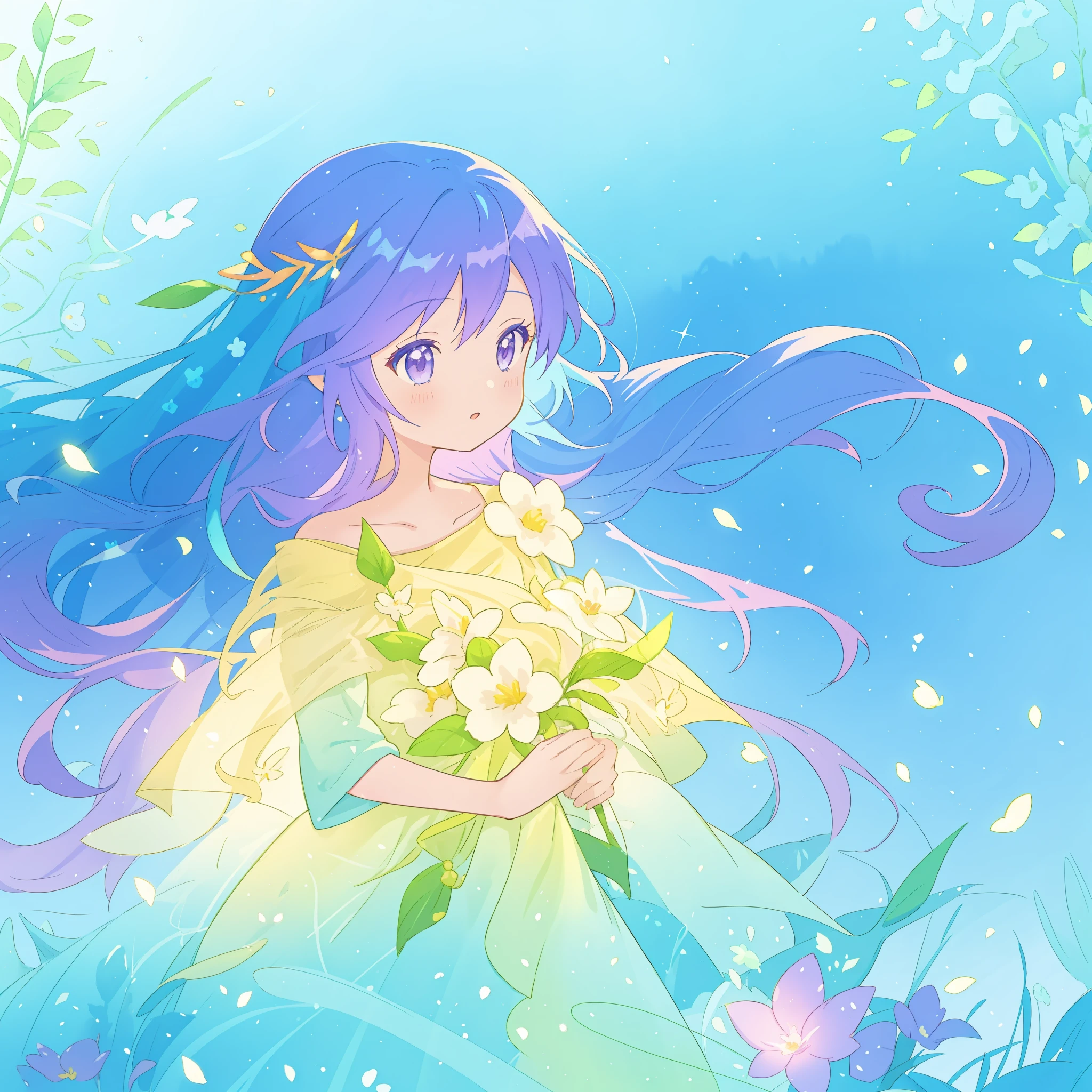 beautiful girl in yellow mint gradient flowing dress, long flowing blue-purple hair, colorful fantasia background, watercolor illustration, disney art style, glowing aura around her, glowing lights, beautiful digital illustration, fantasia otherworldly landscape plants flowers, beautiful, masterpiece, best quality, anime disney style