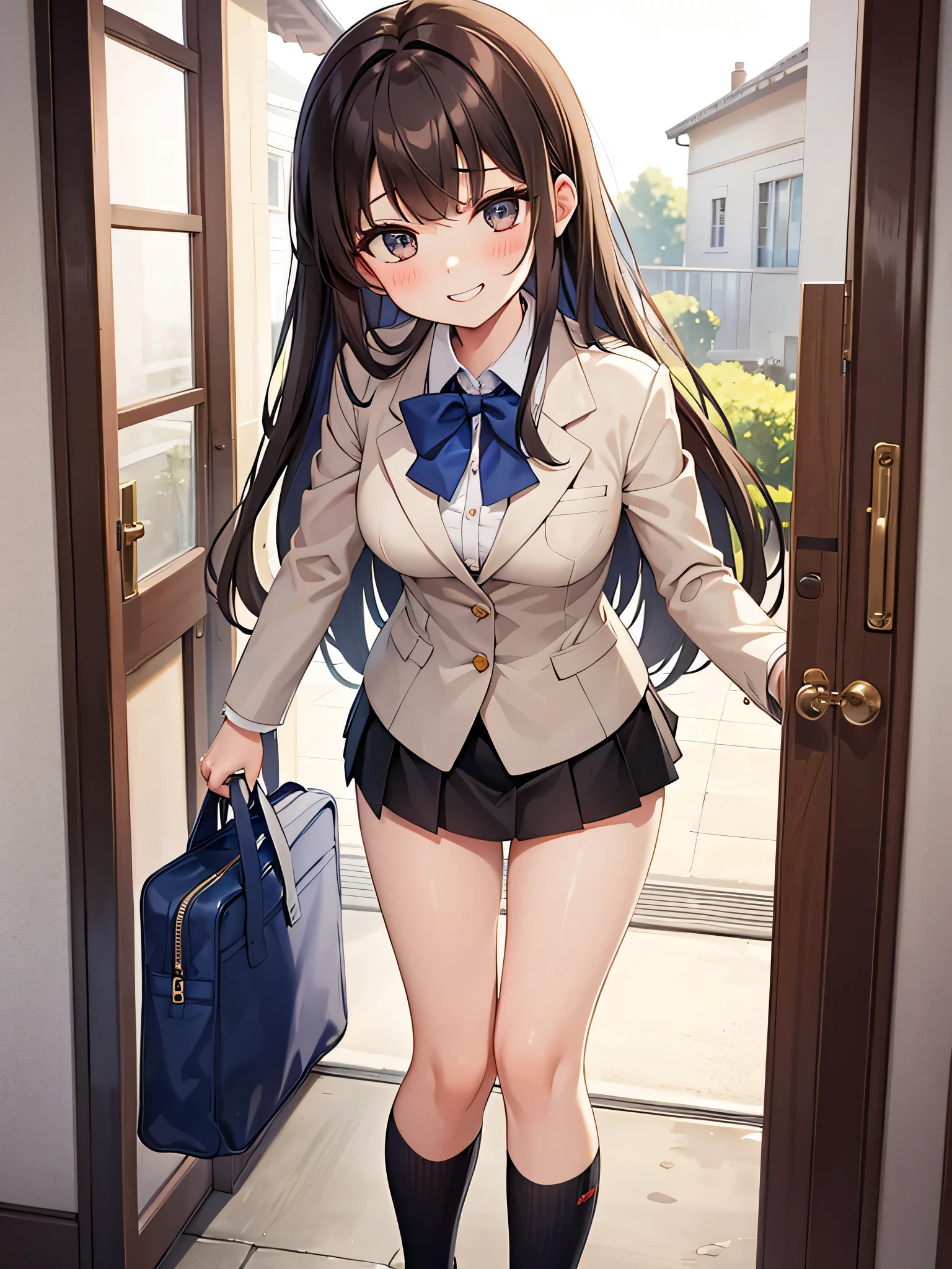 (1) A certain woman、She lifts her skirt to show her white lace panties to her boyfriend..
(2) That woman is a high school girl, She is wearing a uniform of a blazer, miniskirt, and loose socks..
(3) she has a provocative personality, a smiling expression on her face.
(4) Hairstyle is long brown hair.
(5) The location is the front door of the house.
(6) Please use the enlarged composition..　