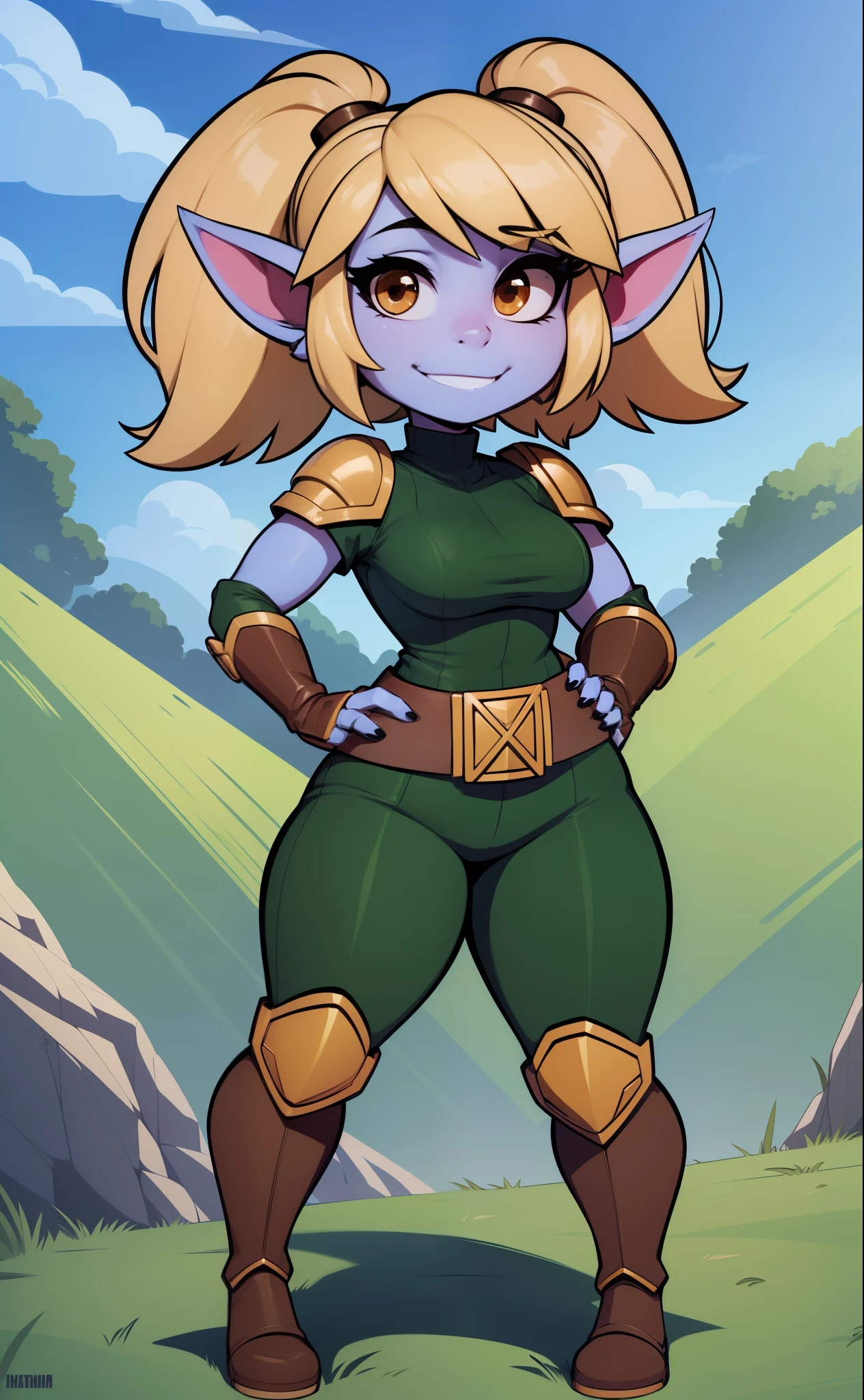 [poppy], [LOL], ((masterpiece)), ((HD)), ((high res)), ((beautiful render art)), ((solo portrait)), ((full body)), ((front view)), ((feet visible)), ((detailed shading)), {(attractive), (short), yordle, (blue skin), (elf ears), (blonde hair), (twintails), (cute magenta eyes), (detailed iris), (short eyelashes), (sharp nails), (curvy hips), (thick thighs), (cute smile), (excited expression)}, {(brown and gold armor), (baggy green pants), (brown belt), (utility belt), (brown gauntlets), (brown gloves), (brown boots), (golden knee pads)}, {(standing), (hands on hops), (looking at viewer)}, [background; (forest), (blue sky), (sun rays), (ambient lighting)]