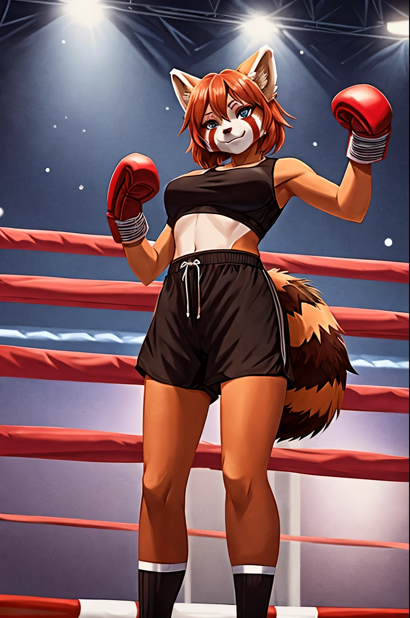 Detailed Image, arrogant anthropomorphic red panda, red panda face, (30 years), super model, beautiful make-up, medium breasts, in a cropped top, in loose knee-length shorts, wearing boxing gloves, stands in a boxing ring in a calm pose