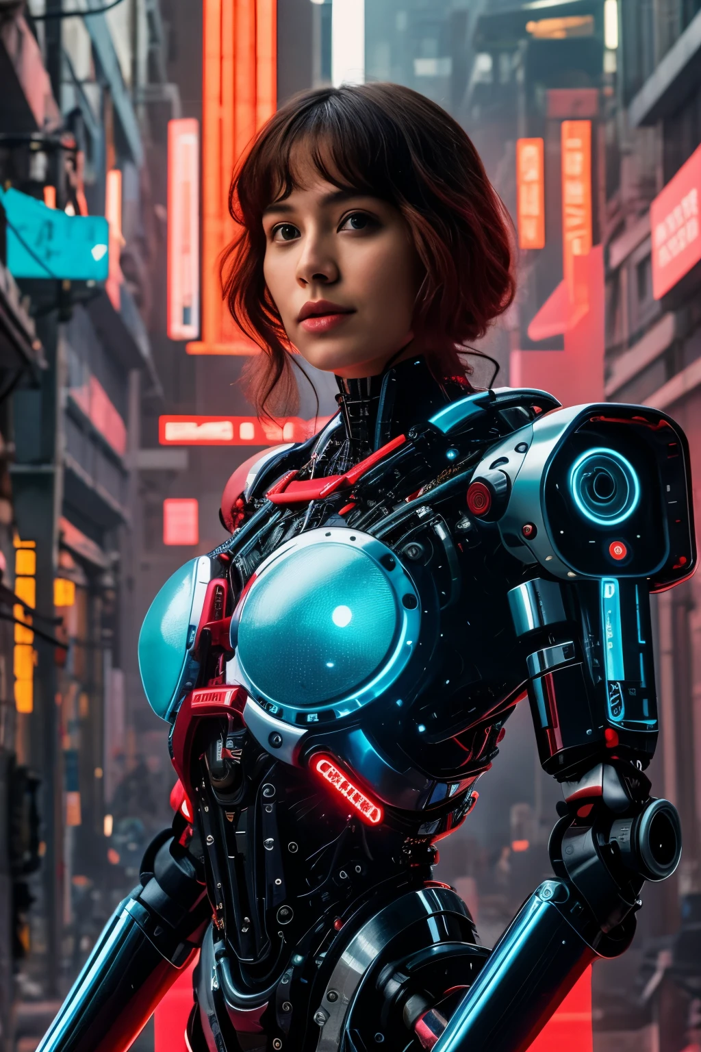 melhor qualidade de imagem、8K、fotografia nefasta, retrato de corpo inteiro, robot in cybernetic body in cyberpunk warzone, vermillion anachronism, futuristic fragmentation, Layered composition, futurismo ciberpunk, still cinematic, filmado em filme, Shot with camera - met the requirements for best image quality、Generates dynamic images。--ar 3:2 - S 600、Diminuir zoom x 1.5, the robot is a man, esta em uma apartamento futurista, com janela ao fundo de uma cidade futurista bem iluminada