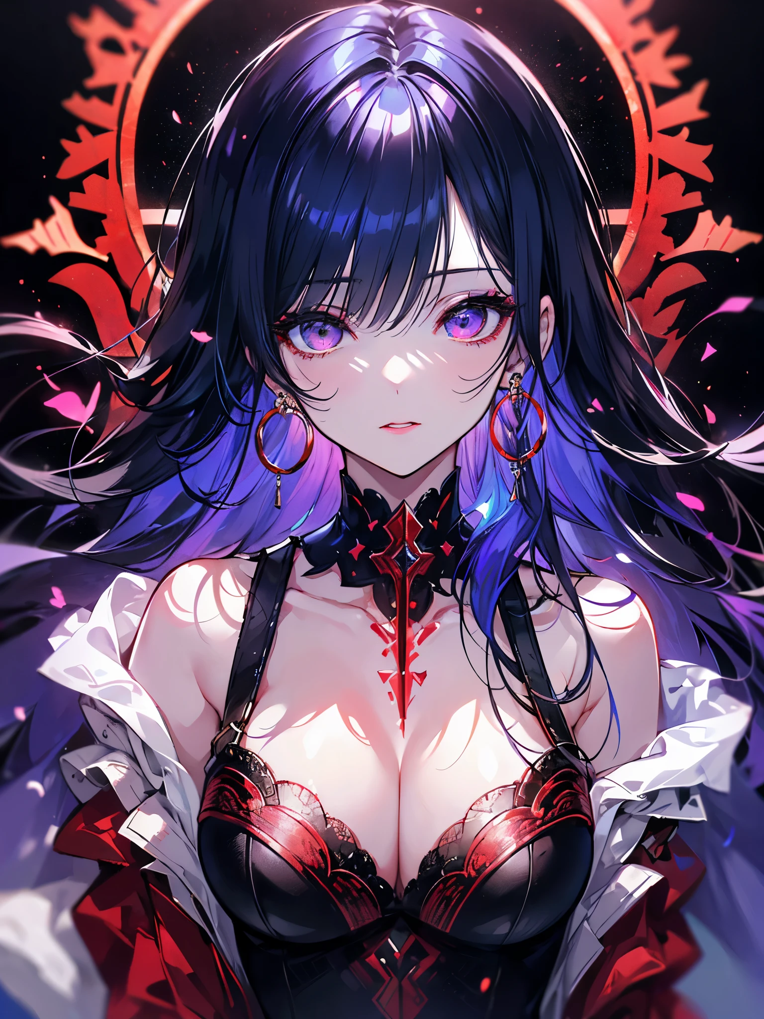 midjourney,(((Super detailed, 8K quality))),,hair above one eye, red eyes, clear eyes, choker, open jacket,anime style, Movie Portrait Photography, 1 female, 22 years ago,椅子にsit、cross your legs、blue eye background, big and full breasts, anger, (scarlet hair), long hair, purple eyes, wearing a short black dress, (natural skin texture vivid details, surreal, (realistic detailed eyes, natural skin texture, realistic facial details), Depth of written boundary, Bokeh, vivid details, surreal, 35mm movie, hazy blur, ,lipstick, ear piercing, eye shadow, hoop earrings, red pink lips, 多色のred eyes, purple theme,Wear an iridescent aura,beautiful eyes,stand in front of the red gate、leaning forward,hanging bangs,sit