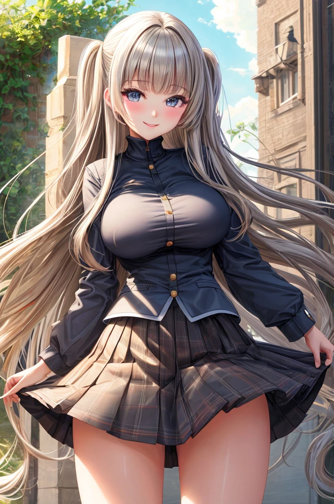 ultimate ultra super extremely masterpiece, ultimate ultra super extremely quality, ultimate ultra super high resolution, ultimate ultra super extremely detailed illustration, ultimate ultra super extremely detailed CG, ultimate ultra super extremely absurdres background, a girl, ultimate ultra super extremely detailed cute eyes, ultimate ultra super extremely detailed lustrous skin, ultimate ultra super extremely detailed hair, long hair, large breasts, school uniform, mini skirt, smile, looking at the camera, sidelighting, park,
