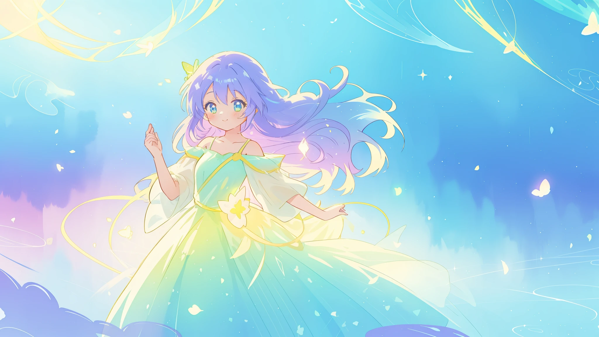 beautiful girl in yellow-mint gradient flowing dress, long flowing blue-purple hair, colorful fantasia background, watercolor illustration, (vibrant bright colors), disney art style, glowing aura around her, glowing lights, beautiful digital illustration, fantasia otherworldly, beautiful, masterpiece, best quality, anime disney style