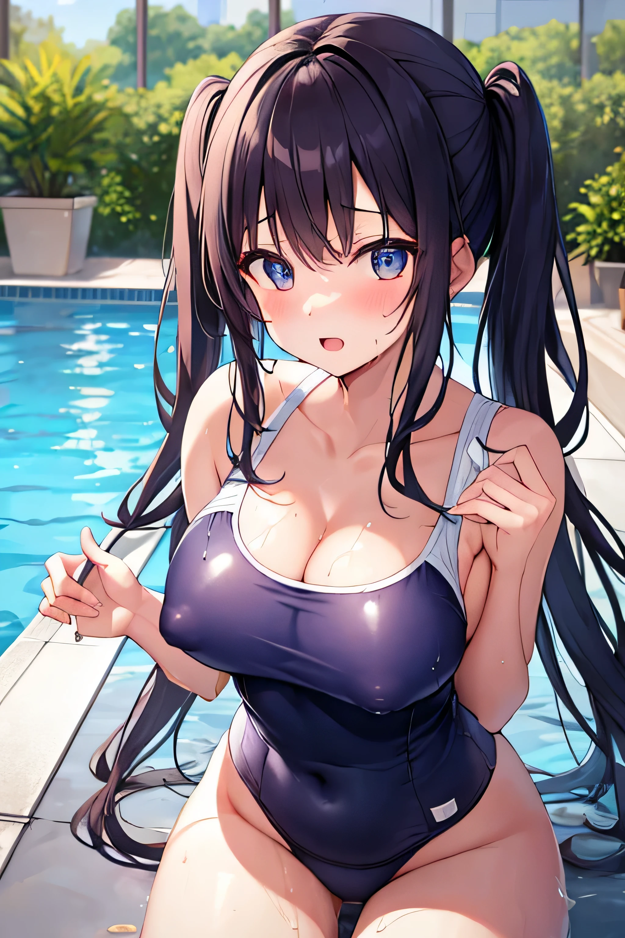 masterpiece、best image quality、ultra high resolution、 with big tits、twin tail hairstyle、black hair、Full body soaked、red face、shyly、mock、Open your mouth just a little、Teen's soaking wet navy blue school swimsuit showing cleavage、Teenager;s soaking wet navy blue school swimsuit showing cleavageの下の形の良い乳首、well-shaped lower body、Poolside in indoor pool