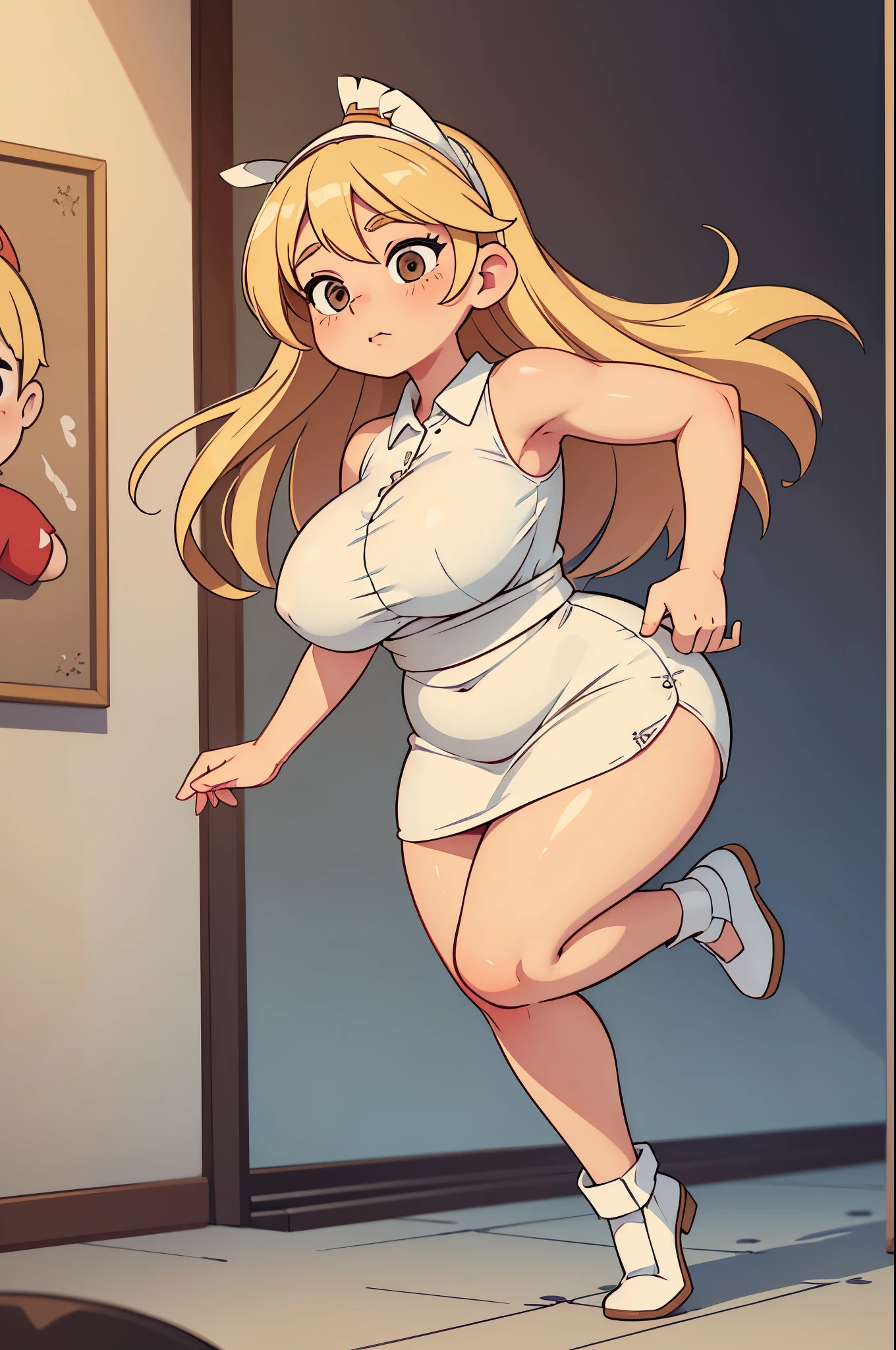 (Best quality), (top quality), (masterpiece), (portrait), (aesthetic), (beautiful), (high quality), (professional angle), (rule of thirds), (Feminine), (woman), (female), (beautiful lady), (big ass), (long hair), (large breast), (masterpiece), (portrait), (aesthetic), (beautiful), (high quality), (professional angle), (rule of thirds), (Feminine), (woman), (female), (beautiful), (feminine features), (blonde) Drawing of a pudgy of late adolescence running with a piece of fleshy toast in her mouth with rosy cheeks, brown eyes, creamy blonde hair. She is in a white dress with a prominent bow on her waist; she is wearing black dress shoes. She has muscular, toned, realistic feet and legs. Her legs are thick, fat, chubby, meaty, voluptuous, curvaceous, long, Rubenesque and plump. Her fat legs have varicose veins.