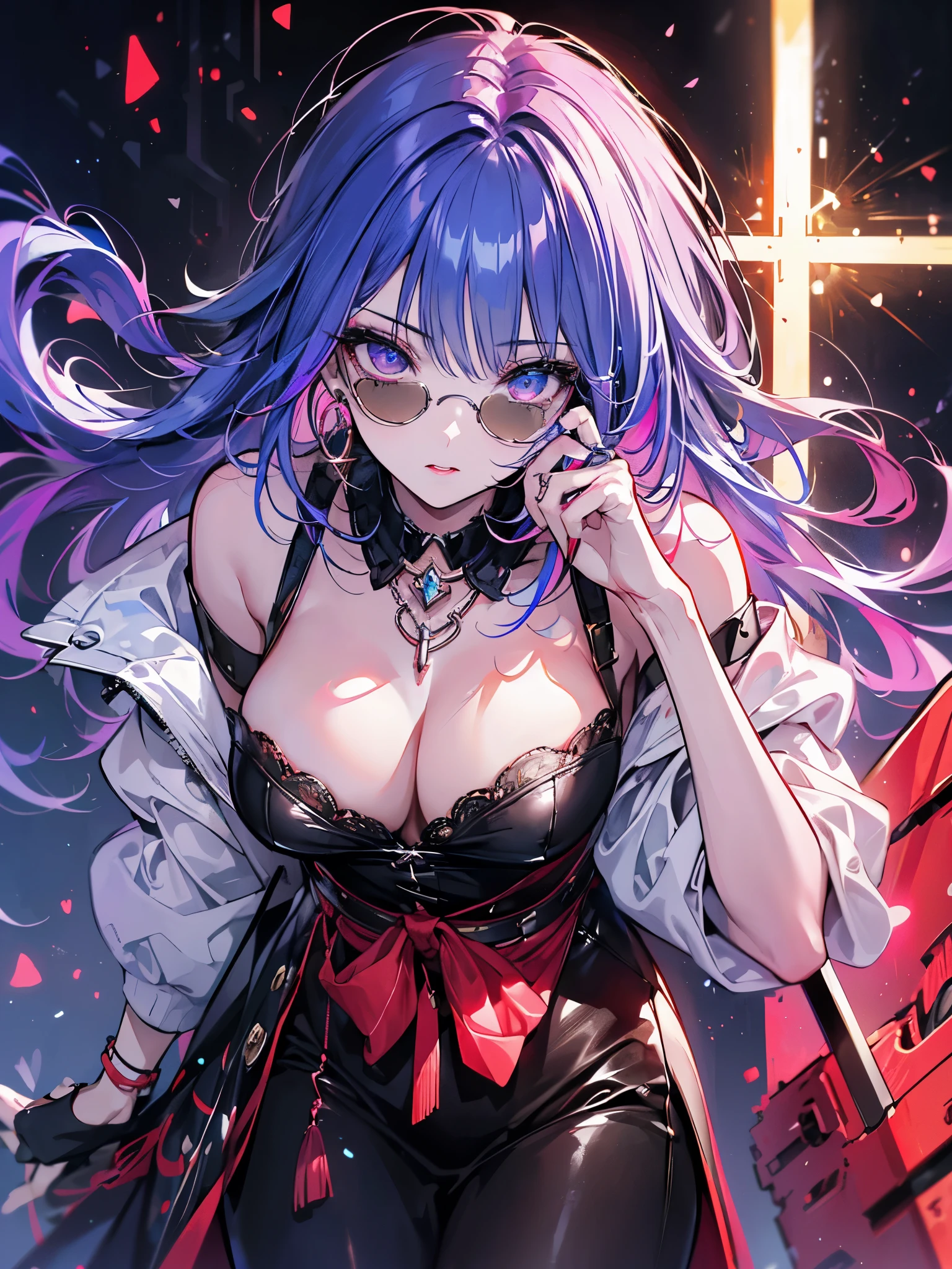 midjourney,(((Super detailed, 8K quality))),,hair above one eye, red eyes, clear eyes, choker, open jacket,anime style, Movie Portrait Photography, 1 female, 22 years ago,椅子にsit、cross your legs、blue eye background, big and full breasts, anger, (scarlet hair), long hair, purple eyes, wearing a short black dress, (natural skin texture vivid details, surreal, (realistic detailed eyes, natural skin texture, realistic facial details), Depth of written boundary, Bokeh, vivid details, surreal, 35mm movie, hazy blur, ,lipstick, ear piercing, eye shadow, hoop earrings, red pink lips, 多色のred eyes, purple theme,Wear an iridescent aura,beautiful eyes,stand in front of the red gate、leaning forward,hanging bangs,sit,sunglasses、White and purple are the main colors