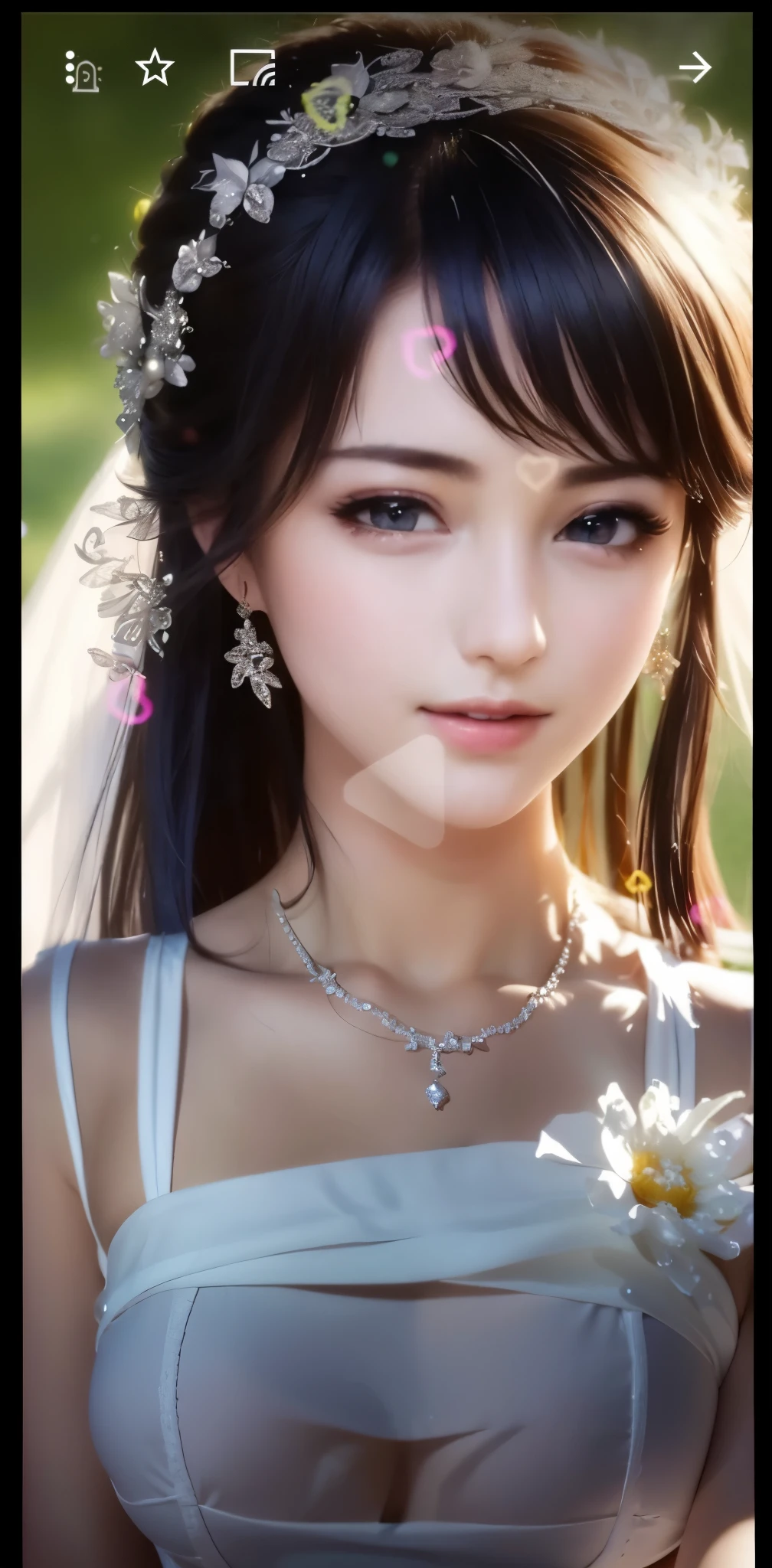 (((Pixel perfect, Perfect details))), alone, 1 girl, yuigahama yui,  Close-up of beautiful bride wearing beautiful wedding dress,Gurwitz, (bridal veil:1.5），（transparent short veil：1.5），blush，eye shadow，Blushing face，Head flower，headgear，bouquet，（tube top wedding dress：1.5），（silk dress：1.2）,（strapless wedding dress：1.5）,pure white dress，necklace，earrings，(large breasts:1.3)，Bangs，lipstick，（White long elbow gloves：1.4）,full-body shot,High-detail RAW color art,White long skirt，There is only one railway track in the whole body，(standing on the railroad tracks:1.3),18 years old, （long twintails：1.5）,(double bun:1.5), black hair