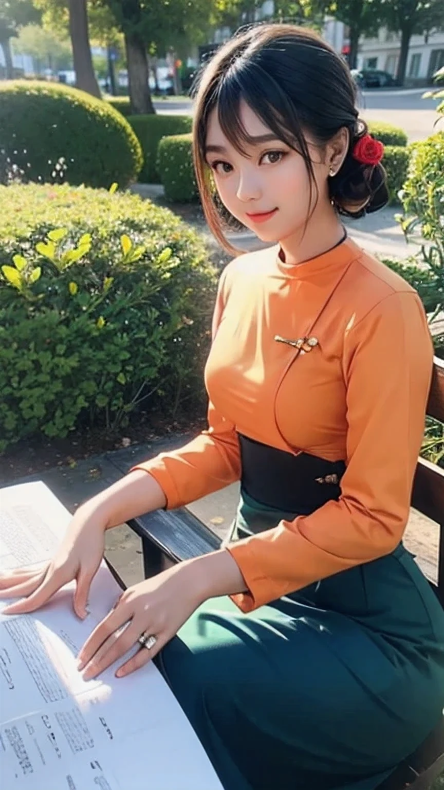 top quality, masterpiece, ultra high resolution, photorealistic, 1 girl, soft lighting, detailed, skin, bangs, black hair, clear eyes, lip gloss, (Burmese girl), full HD, (acmm ls outfit, wearing acmm top, orange acmm top, long sleeves, wearing acmm long skirt, dark blue acmm long skirt, printed skirt), green plant and flowers background.