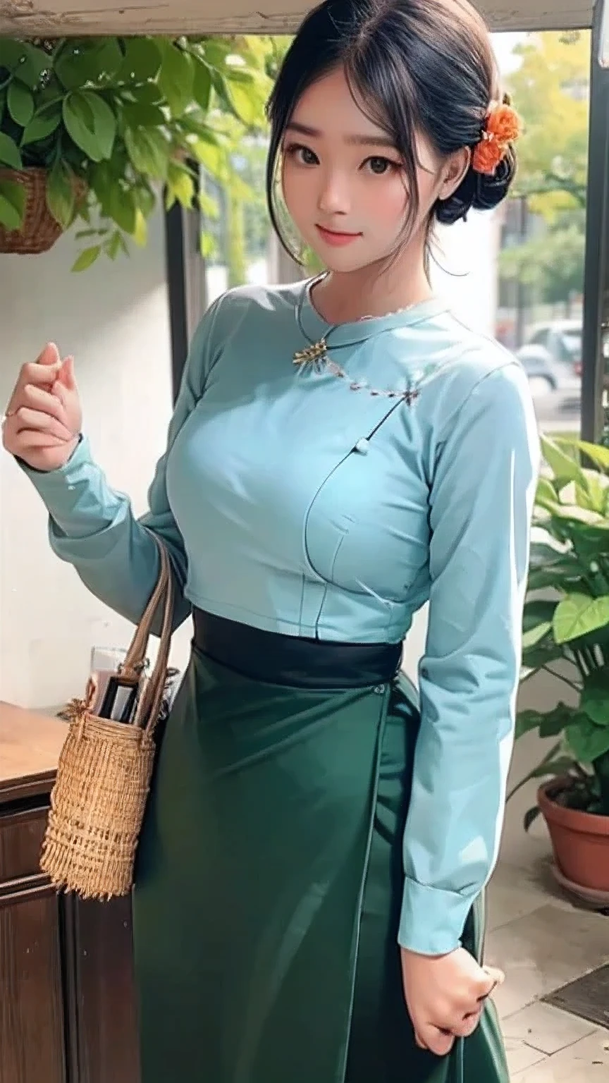 top quality, masterpiece, ultra high resolution, photorealistic, 1 girl, soft lighting, detailed, skin, bangs, black hair, clear eyes, lip gloss, (Burmese girl), full HD, (acmm ls outfit, wearing acmm top, orange acmm top, long sleeves, wearing acmm long skirt, dark blue acmm long skirt, printed skirt), green plant and flowers background.