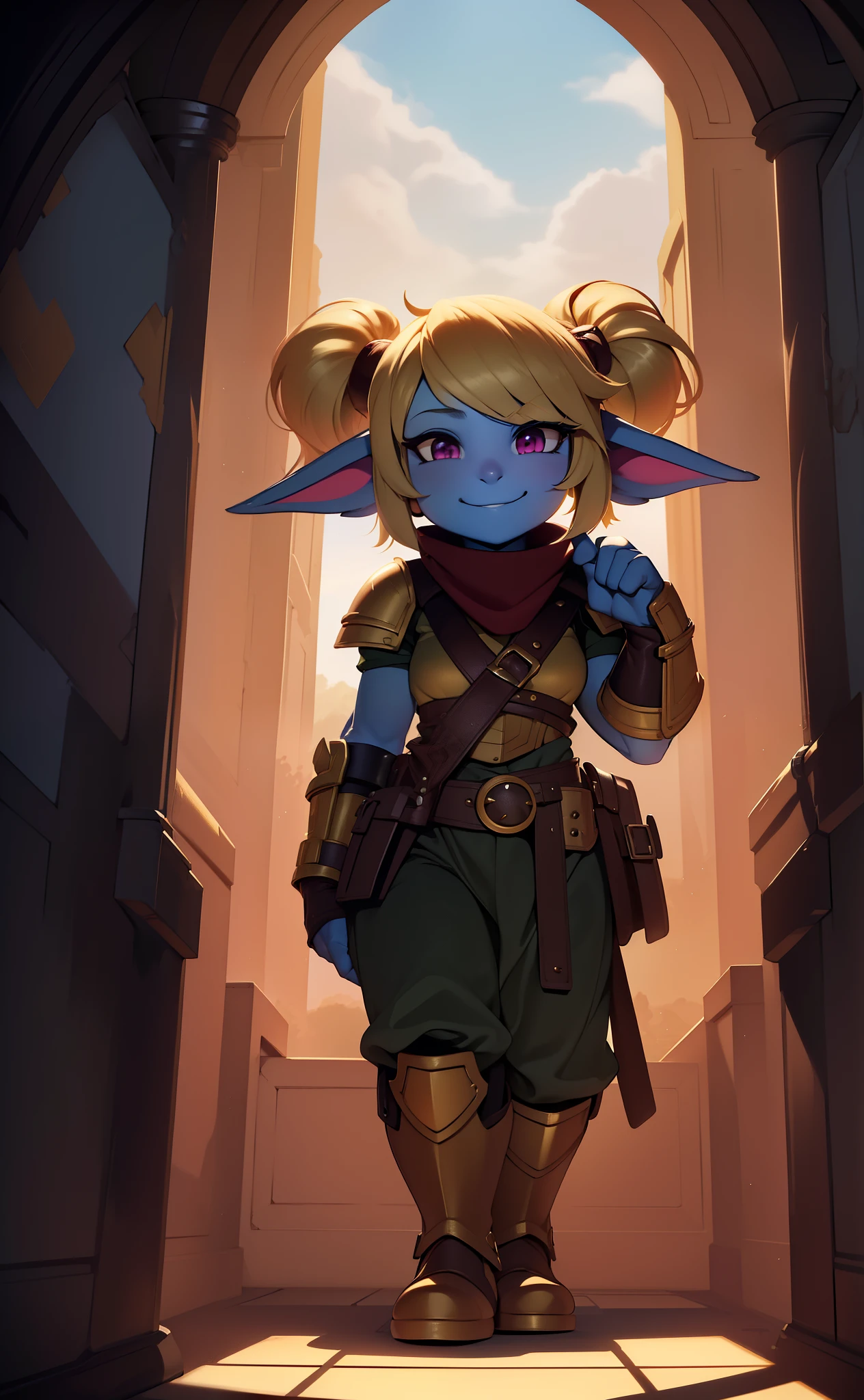 [poppy], [LOL], ((masterpiece)), ((HD)), ((high res)), ((beautiful render art)), ((solo portrait)), ((full body)), ((front view)), ((feet visible)), ((detailed shading)), {(attractive), (short), yordle, (blue skin), (elf ears), (blonde hair), (twintails), (cute magenta eyes), (detailed iris), (short eyelashes), (sharp nails), (curvy hips), (thick thighs), (beautiful lips), (cute smile), (excited expression)}, {(brown and gold armor), (baggy green pants), (brown belt), (utility belt), (brown gauntlets), (brown gloves), (brown boots), (golden knee pads), (red skarf)}, {(standing), (hands on hops), (looking at viewer)}, [background; (forest), (blue sky), (sun rays), (ambient lighting)]