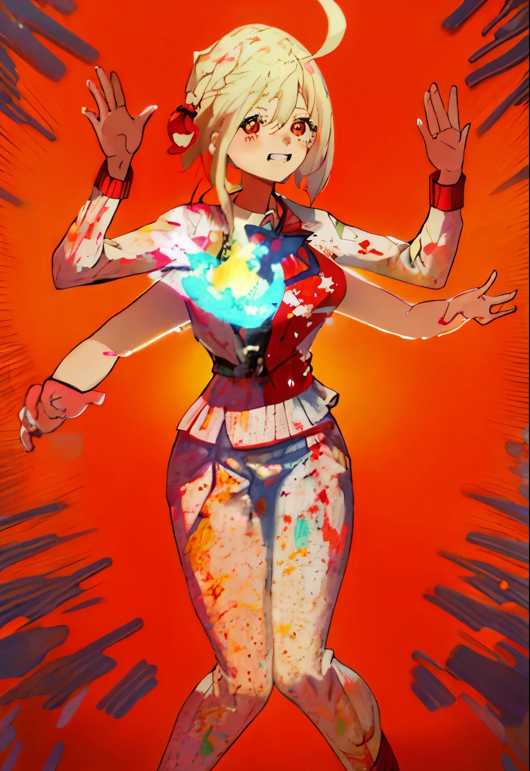 (Realistic painting style:0.9), looking at viewer, solo, 1girl, solo, breasts, pleated skirt, looking at viewer, smile, bangs, eyes, hair between eyes, anime visual of a cute girl, bangs, hair between eyes, crossed bangs, light smile, laughing, teeth, back to viewer, blonde hair, ahoge, blunt bangs, bob cut, hair ribbon, orange eyes, smile, grin, bright pupils, full blush, happy, four arms, (Four Arms 1.5) , 4 arms, open back shirt, bare back, gray skirt, red sleeves, crouching, upper hands by face, lower hand on ground, lower hand doing love symbol, nishikigi chisato (lycoris recoil), chisato, depth of field, bloom, depth of field, cinematic lighting, chromatic aberration, glowing light, ray tracing, reflection light, drop shadow, anime, masterpiece, best quality, UHD, retina, masterpiece, ccurate, super detail, high details, high quality, award winning, best quality, highres, 4K, HD, 1080P,