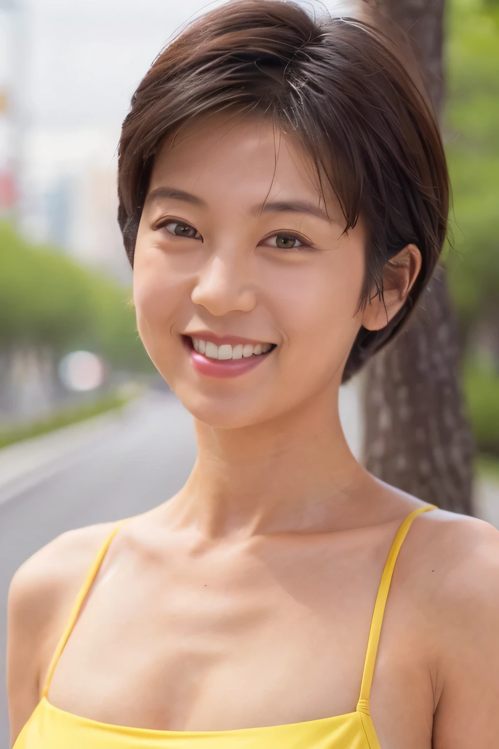 NSFW:1.5,yasuko endo,((highest quality、8K resolution、master masterpiece、portrait:1.3)), Photoreal, 35mm film, 1 Japanese female, Upper body,Beautiful woman, 昼間のon the roadで, wrinkles around the eyes, plump body,boyish_pixie cut,smile,((Sexy yellow micro bikini:1.3)) , (on the road_Tokyo cityscape: 1.3), jumbled background,look at the audience,big breasts