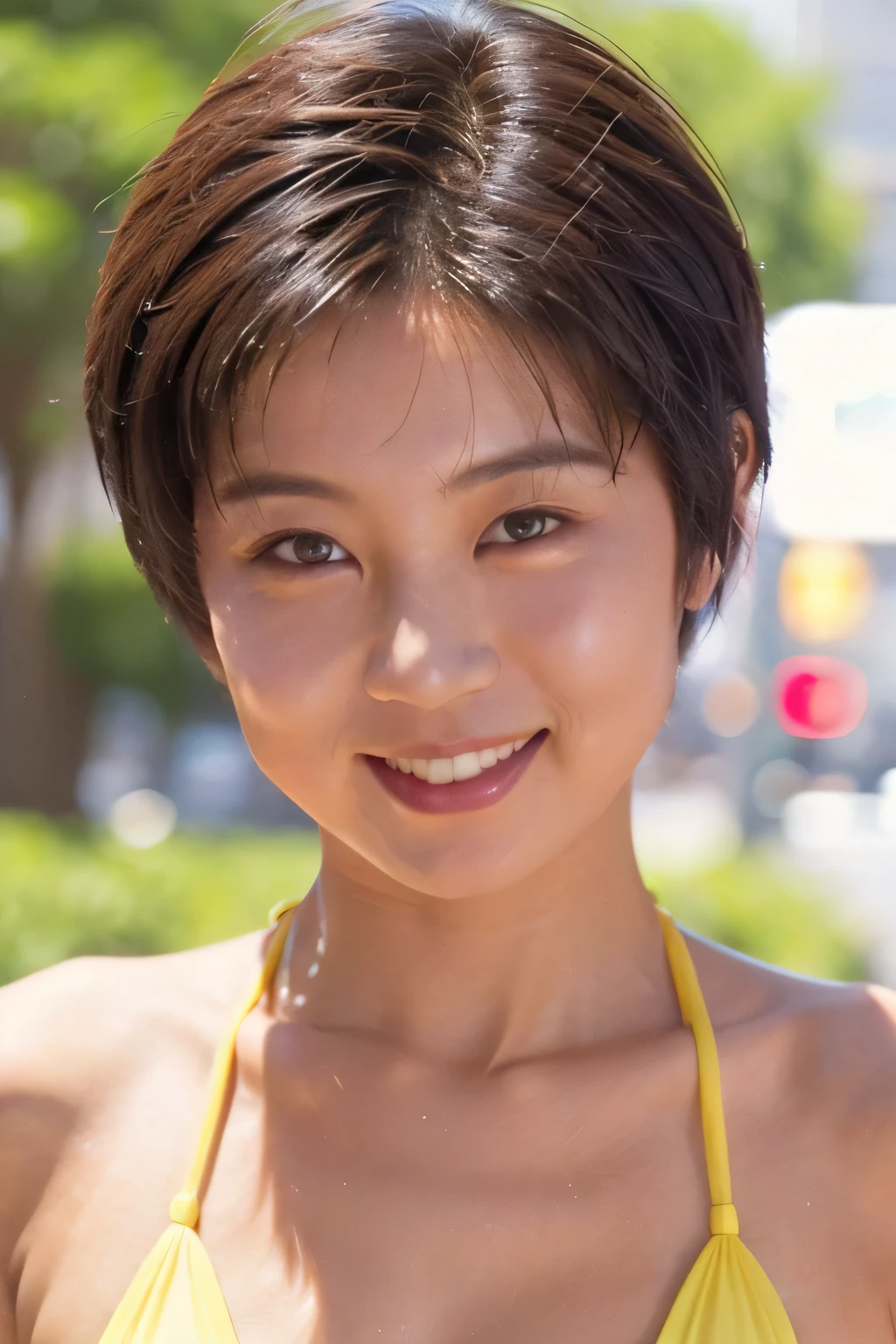????:1.5,yasuko endo,((highest quality、8K resolution、master masterpiece、portrait:1.3)), Photoreal, 35mm film, 1 Japanese female, Upper body,Beautiful woman, 昼間のon the roadで, wrinkles around the eyes, plump body,boyish_pixie cut,smile,((???? yellow micro ??????:1.3)) , (on the road_Tokyo cityscape: 1.3), jumbled background,look at the audience,???????????
