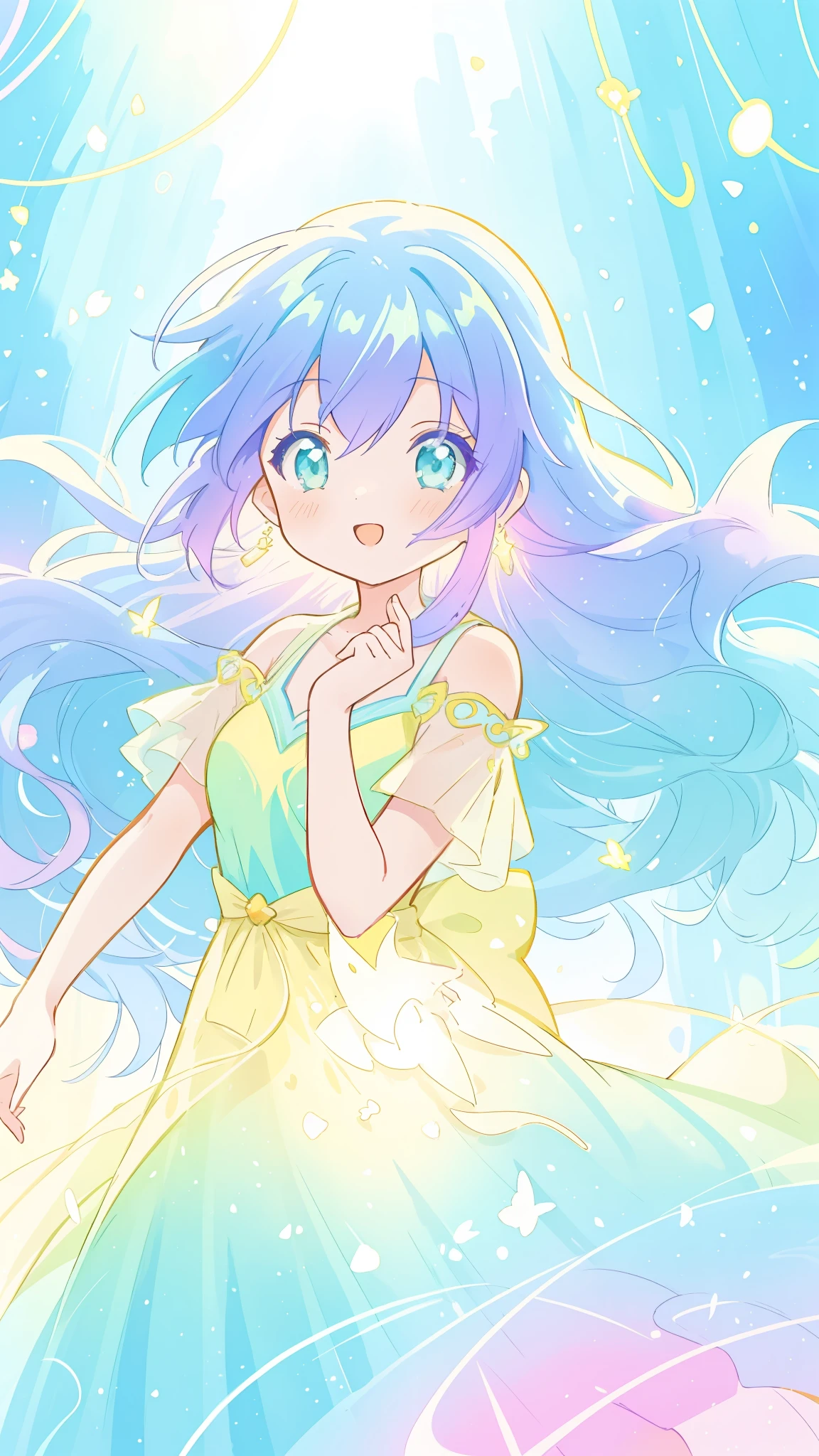 beautiful girl in yellow-mint gradient flowing dress, long flowing blue-purple hair, colorful fantasia background, watercolor illustration, (vibrant bright colors), disney art style, glowing aura around her, glowing lights, beautiful digital illustration, fantasia otherworldly, beautiful, masterpiece, best quality, anime disney style