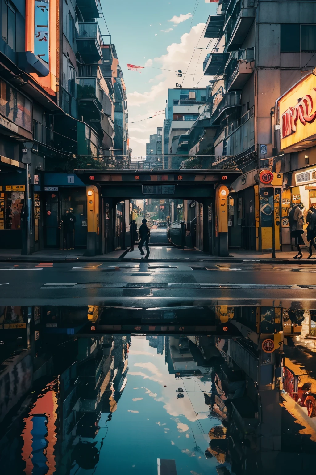 "Create a captivating and ultra-realistic wallpaper depicting an anime street scene. Infuse vibrant colors, intricate details, and dynamic lighting to bring the animated world to life. Showcase a bustling street filled with diverse characters, each with unique expressions and personalities. Whether it's neon signs, reflections on wet pavements, or the play of shadows, ensure that every element contributes to the overall realism. Transport viewers into this animated urban landscape, making them feel the energy and atmosphere of the anime street. The goal is to blend the imaginative charm of anime with the visual fidelity of reality, delivering a wallpaper that captivates and immerses observers in a mesmerizing anime street experience."