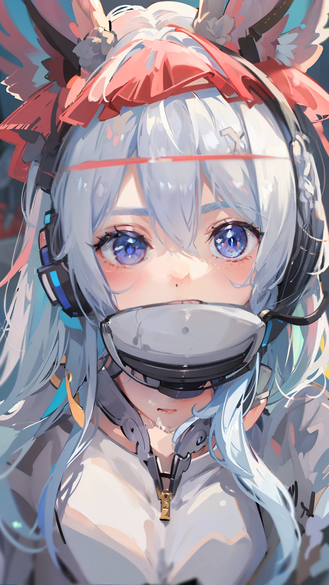 silver hair, gradient hair, asymmetrical hair, hair between eyes, Cross bangs, parted bangs, very long hair, asymmetrical bangs, crystal hair, expressive hair, hairline, hair open, Take off the mask, Gradient eye, aqua eyes, purple eyes, cat ear headphones, open mouth, Face turned red, moan, heavy breathing, saliva painting, JK clothing, Lying in bed,hands open, high detail, anime style, Ray tracing, motion blur, Close-up cleavage, seven-part shooting,Shot above the calf, ultra high definition, masterpiece,Acura、Super details、high detail、high quality、anatomically correct、best quality、high resolution、16k