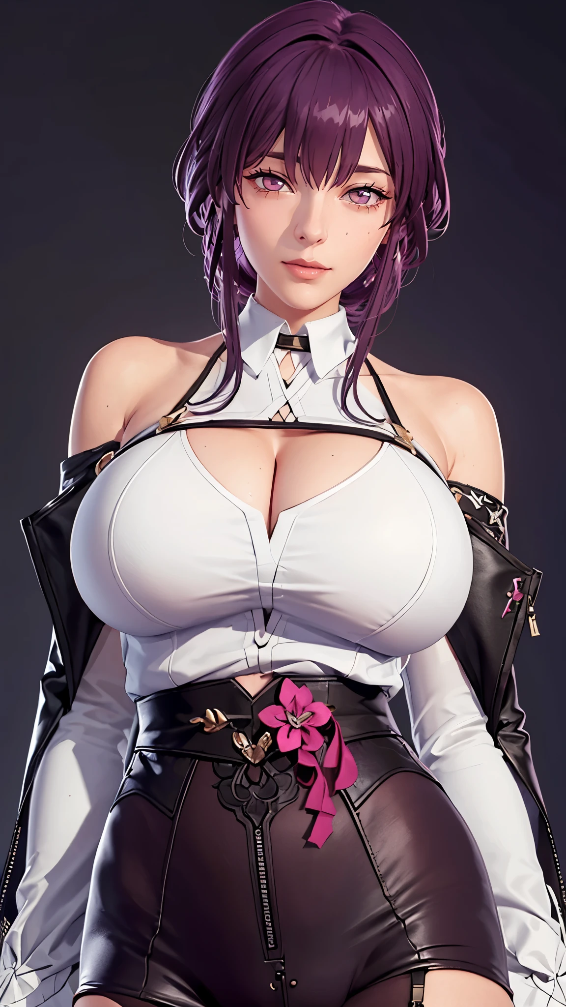 (((完美figure,figure,There is a silver butterfly brooch at the neckline,There is a fuchsia lace at the cuffs,As well as a long streamer on the back,Wearing a white shirt underneath,Wear black leggings on the bottom,He wears a silk scarf on the left side,Purple stockings,Leggings and stockings are connected with cross straps,Straps are strangled on the chest and arms,The surface of the coat is dotted with huge patterns,Extends from the back to the sleeves,Web texture on both shoulders,Cuffs and gloves included,(((Kafka\(character\),Sunglasses accessory on top of head,purple hair,Fuchsia pupils, ))),S型figure:1.7))),((masterpiece)),high resolution, ((Best quality at best)),masterpiece,quality,Best quality,((( Exquisite facial features,looking at the audience,There is light in the eyes,blush,Happy))),(((Interlacing of light and shadow,huge ))),(((looking into camera,)))