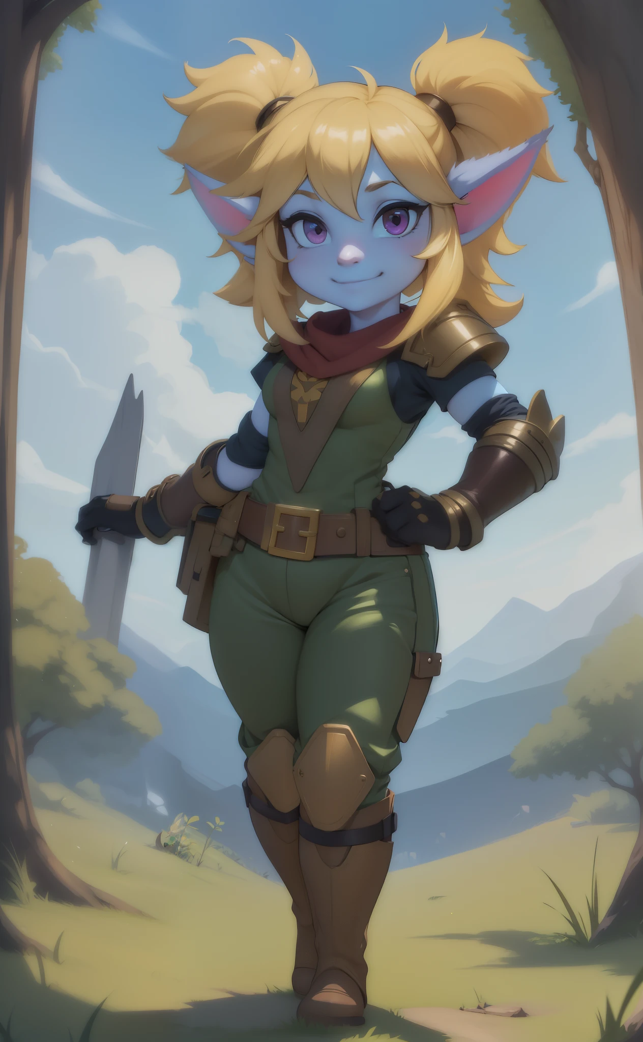 [poppy], [LOL], ((masterpiece)), ((HD)), ((high res)), ((beautiful render art)), ((solo portrait)), ((full body)), ((front view)), ((feet visible)), ((detailed shading)), {(attractive), (short), yordle, (blue skin), (elf ears), (blonde hair), (twintails), (cute magenta eyes), (detailed iris), (short eyelashes), (sharp nails), (curvy hips), (thick thighs), (beautiful lips), (cute smile), (excited expression)}, {(brown and gold armor), (baggy green pants), (brown belt), (utility belt), (brown gauntlets), (brown gloves), (brown boots), (golden knee pads)}, {(standing), (hands on hops), (looking at viewer)}, [background; (forest), (blue sky), (sun rays), (ambient lighting)]