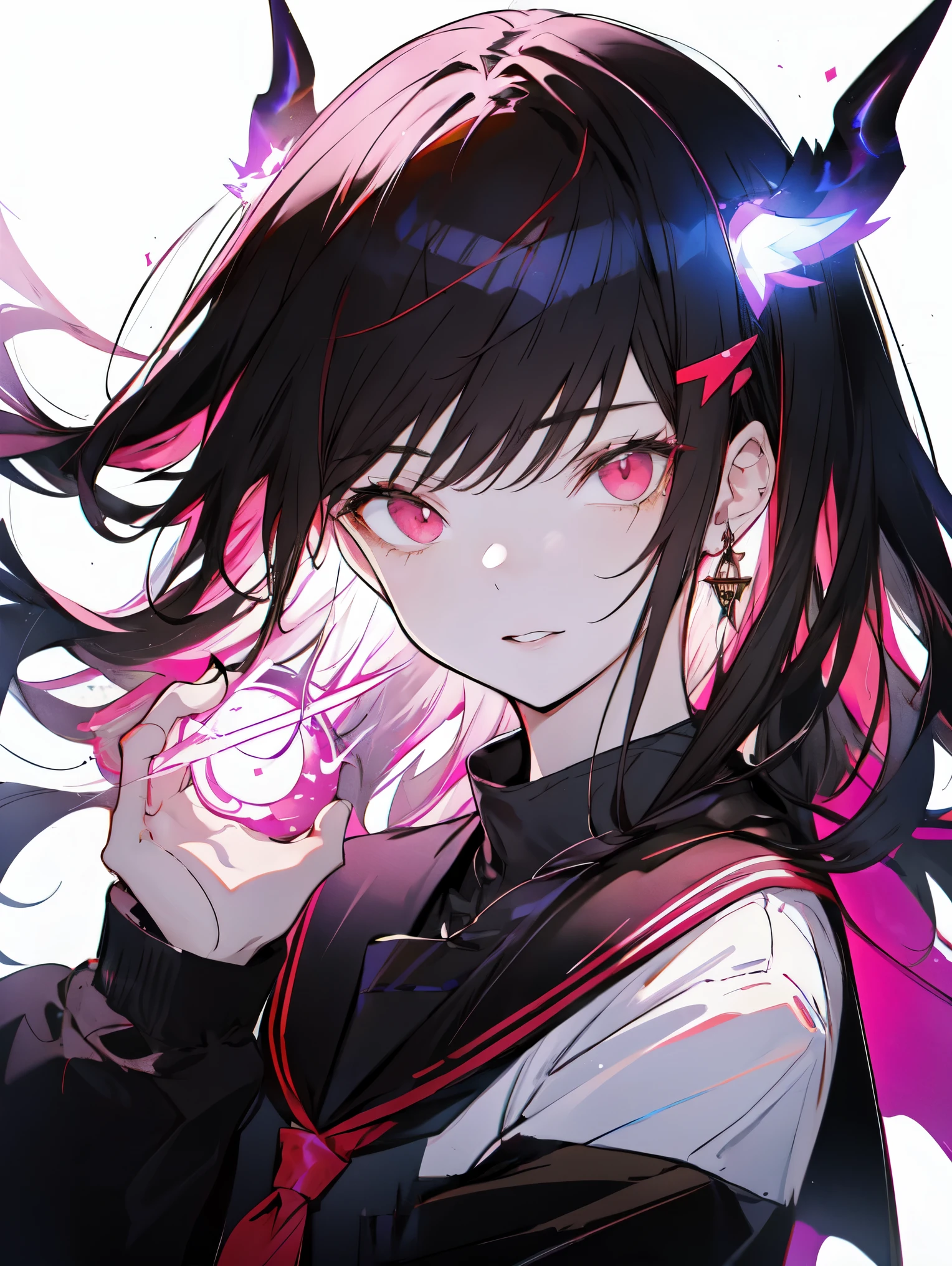 1 girl, 1 boy, horn, school uniform, pointed ears, wing, earrings, serafuku, jewelry, white background, Upper body, red eyes, demon wing, demon horn, devil boy, simple background, continue, pink eyes, parted lips, black serafuku, brown hair, devil girl, black hair, looking at the viewer, long hair, gakuran、illuminated by bright light