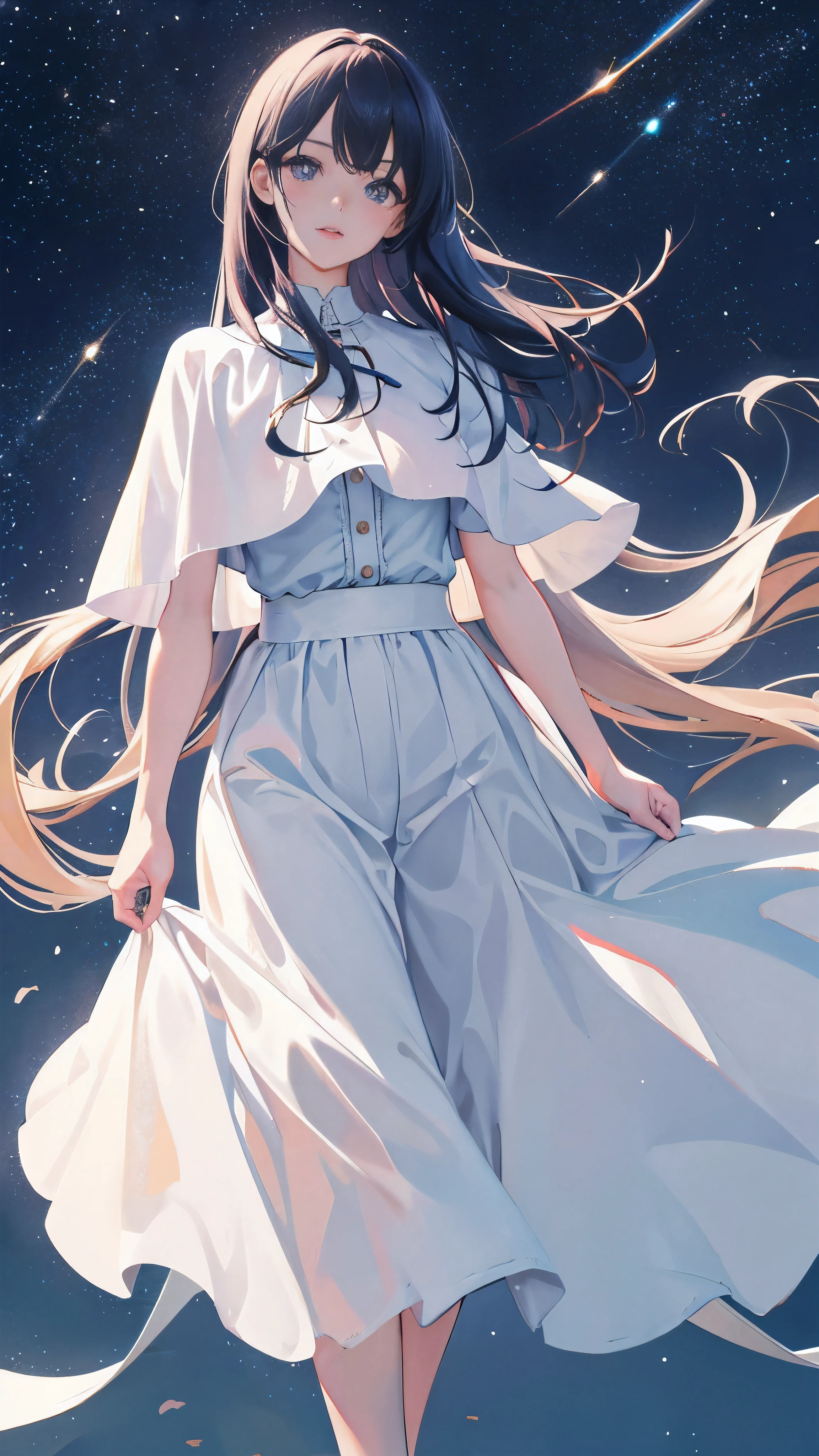 (gradient hair:1.6),dutch cape,film grain,Color difference,starry sky,masterpiece,best quality,original photo,white shoes,absurd,1 girl,charming,delicate legs,denim lenses,high resolution,Super detailed,fine details,Detailed eyes and face,sharp pupils,realistic student,lock focus,summer,(a white long skirt:0.6)