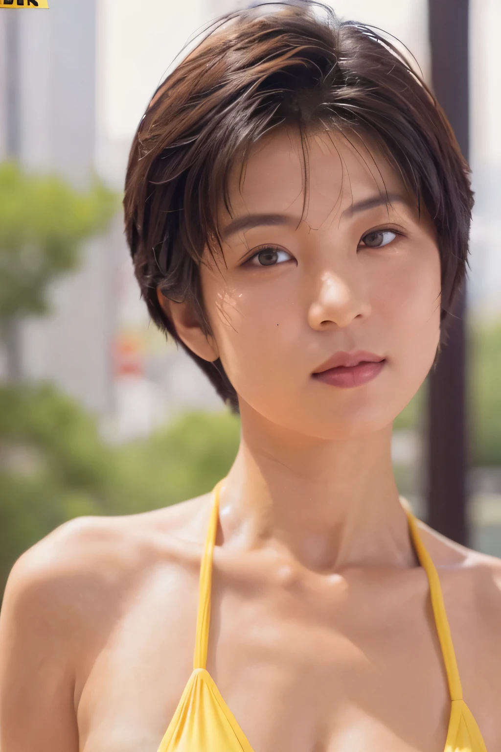 NSFW:1.5,yasuko endo,((highest quality、8K resolution、master masterpiece、portrait:1.3)), Photoreal, 35mm film, 1 Japanese female, Upper body,Beautiful woman, 昼間のon the roadで, wrinkles around the eyes, plump body,boyish_pixie cut,((Sexy yellow micro bikini:1.3)) , (on the road_Tokyo cityscape: 1.3), jumbled background,look at the audience,big breasts