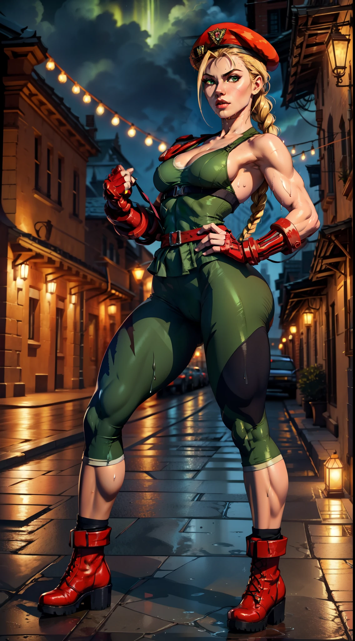 Best Quality, Masterpiece, Ultra High Resolution, rembrandt Lighting, night time, background dark, cammy street fighter, attractive, long blonde braided hair, wearing small red army beret hat, sexy singlet vibrant green outfit, wearing red combat gloves, combat boots, leggings, no cleavage, seductive, extra curves, wet skin,  breasts, white skin, 3/4 shot of adynamic combat pose, big thighs, slim waist, shy, sfw, scantily clad, ripped, revealing outfit, camel toe, flawless masterpiece kawaii, perfect body, perfect face, perfect hands, perfect fingers, sexy pose, PERFECT ANATOMY