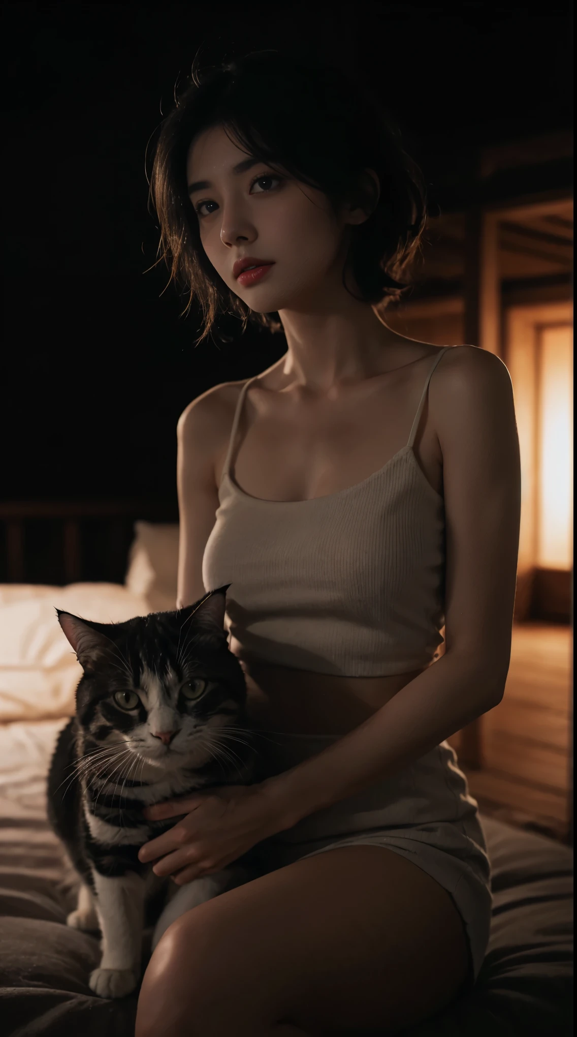 best qualtiy， tmasterpiece， ultra high resolution， （realisticlying：1.5）， RAW photogr， 1 cat， adolable， in the darkness nigth， deep shading， low tune， cold light， Sexy look， short hairs