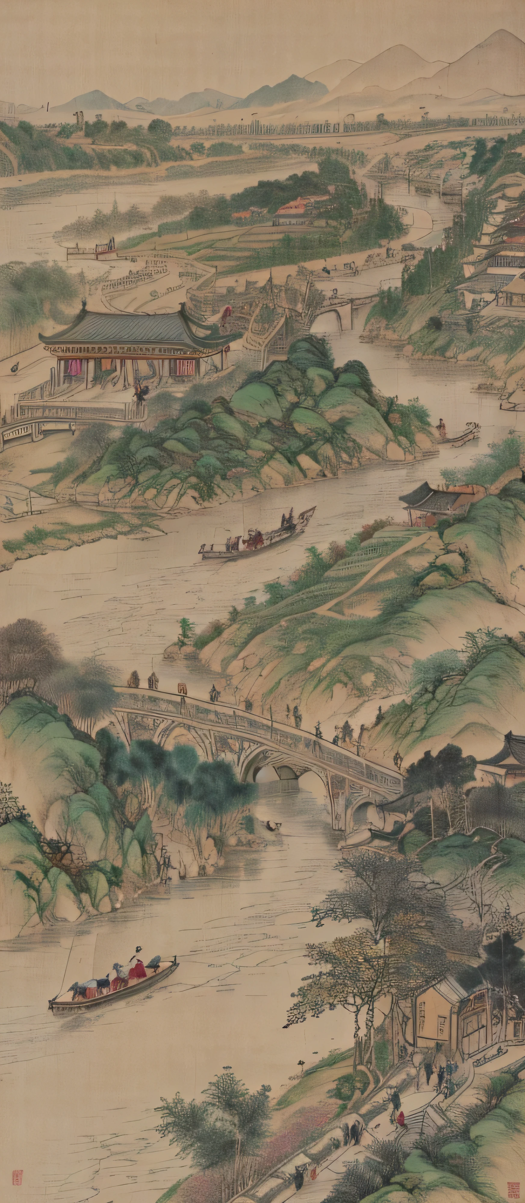 landscape。Qingming upper river map,Horizontal layout,high resolution,best quality,super detailed,dynamic angle,float,bustling cityscape,intricate details,architecture,flowing river,bright colors,Volumetric lighting,Crowded boats and bridges,rich cultural background。