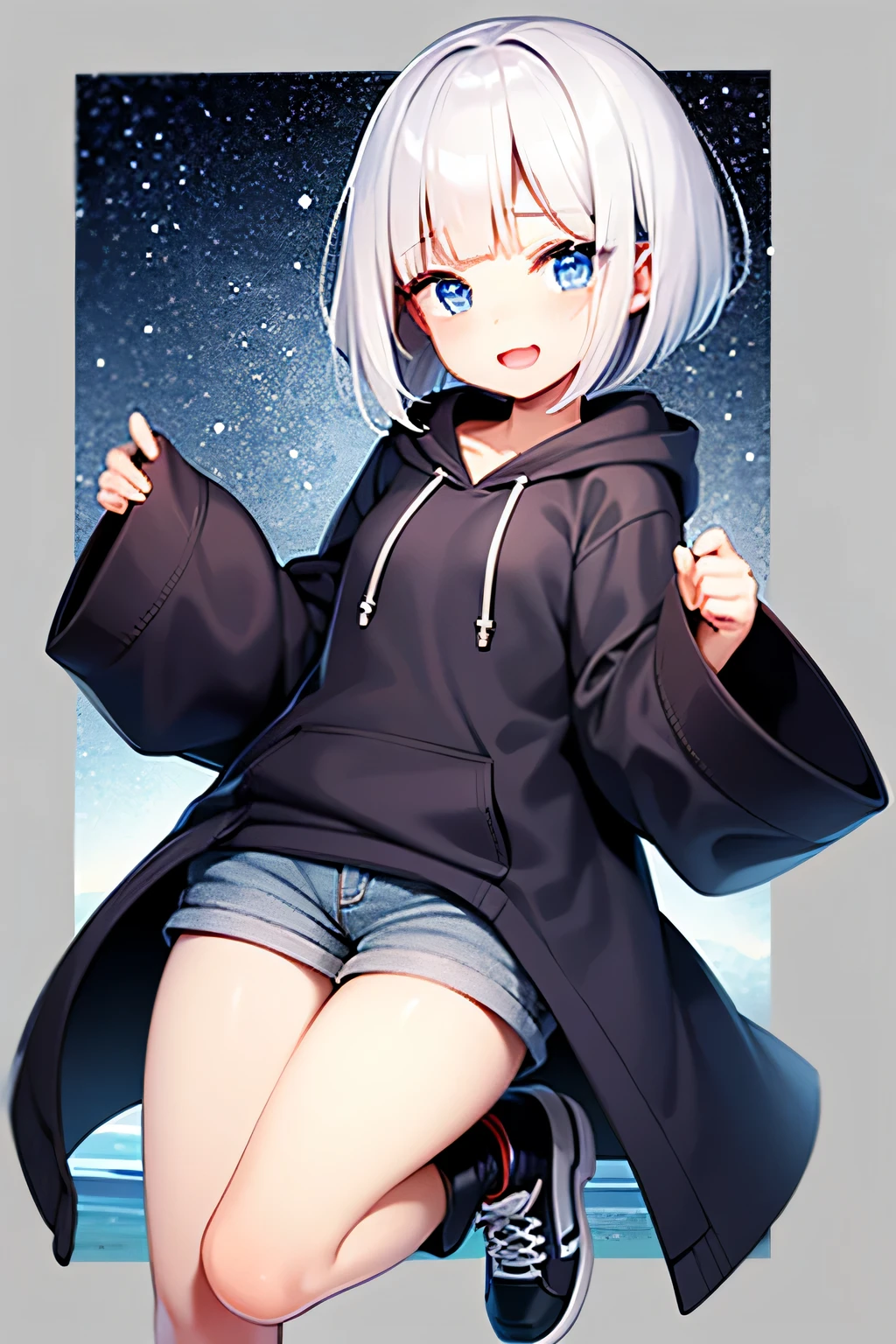 1 boy, detailed and beautiful eyes, sleeve, upright, concept art, alone, cowboy shot, whole body, looking at the viewer, Little, gray hair, open your mouth, smile, blue eyes, bob cut, hoodie, shorts, sneakers, From before, starry night