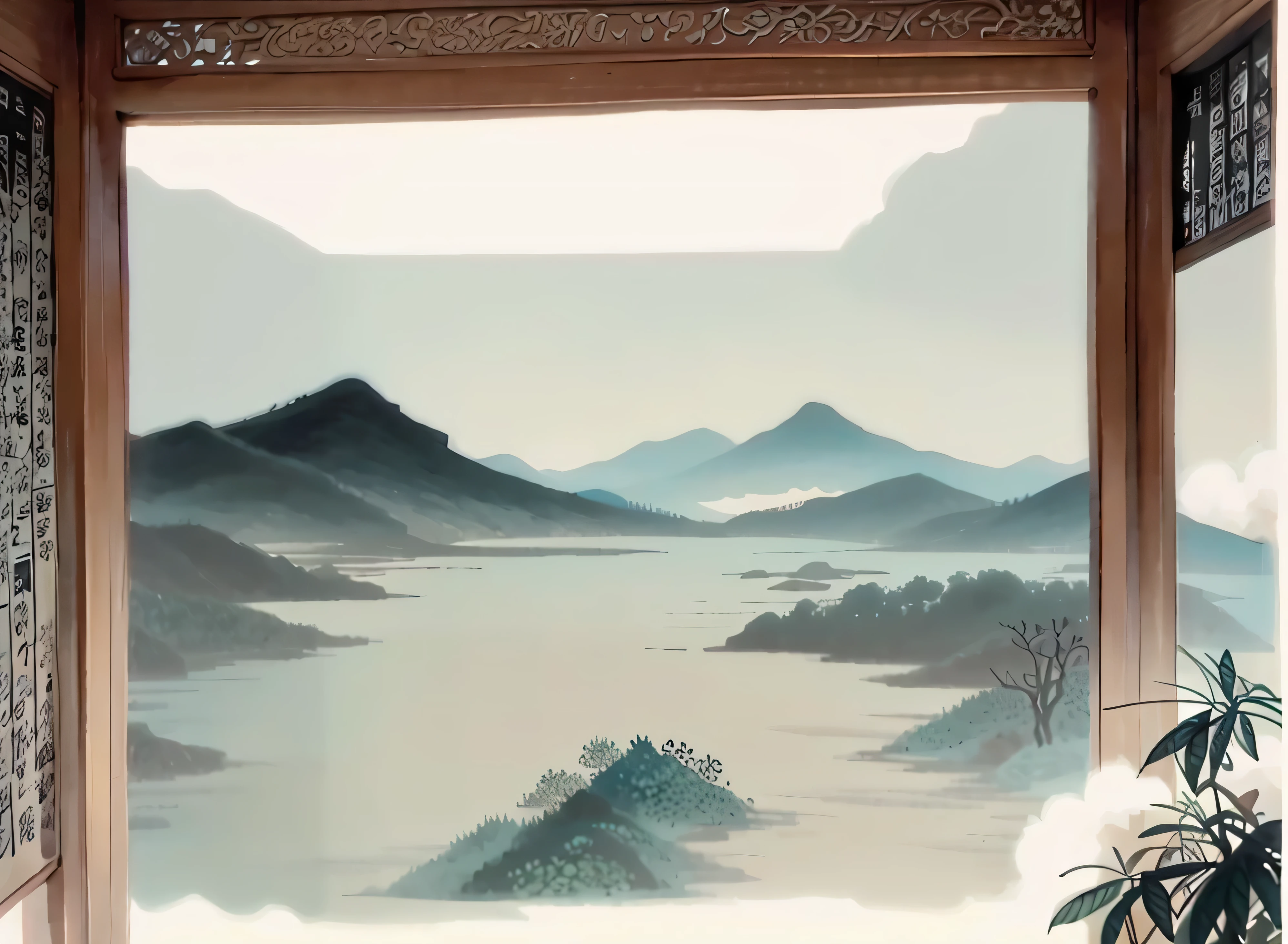 Close-up of a painting on the wall of a room, Detailed Landscape - Width 672, In line with ancient Chinese aesthetics, Oriental wallpaper, Chinese painting style, Chinese scenery, Inspired by Song Huizong, Chinese watercolor style, Inspired by Ma Yuan, ancient chinese art style, Chinese style, Inspired by Xiao Yuncong, Beautiful renderings of the Tang Dynasty