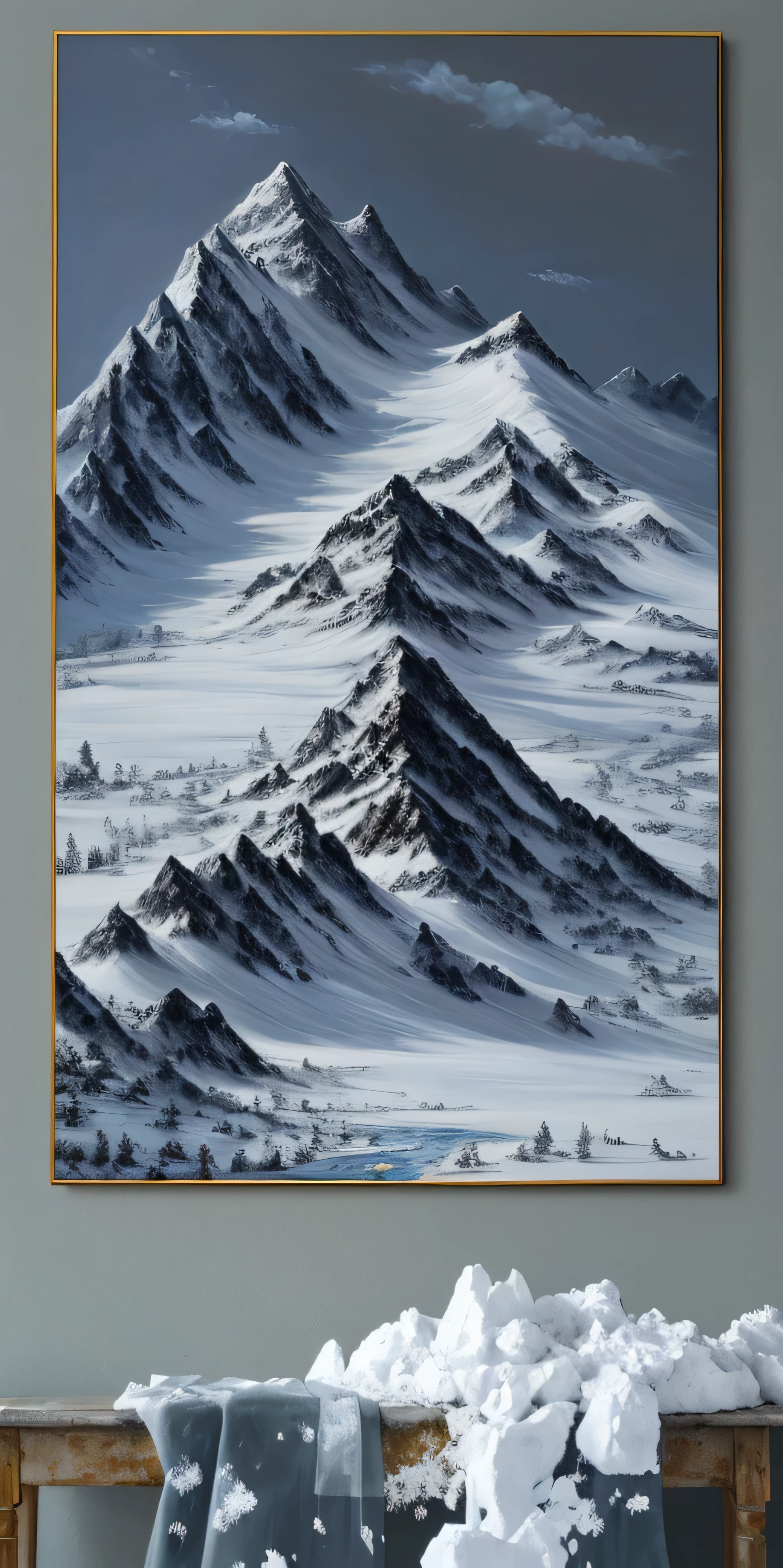 snow mountain, icy mountains, high detail painting, Detailed 4K 油画, detailed acrylic painting, Detailed soft painting, extremly Detailed oil paintinging, Detailed oil painting, high detailed oilpainting, Super detailed painting, mountain snow, High quality oil painting, Detailed 4K , snow mountain, Very detailed