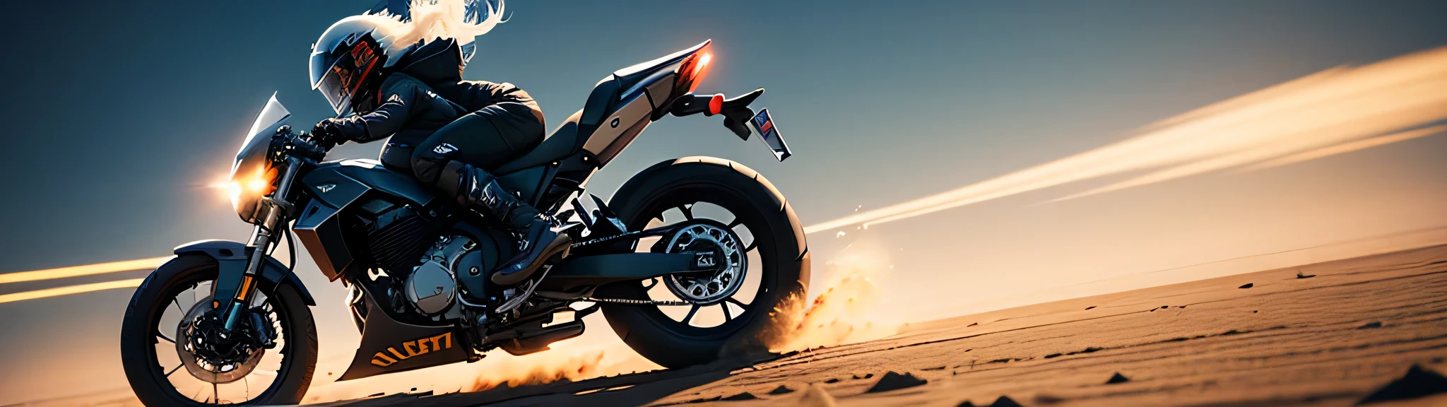 In the vast and desolate landscape of the moon, A motorcycle girl with a bold spirit whizzes past, Leaves a trail of lunar dust. as she expertly maneuvers the motorcycle,Her helmet reflects bright sunlight, Challenge the law of gravity with unyielding determination. The reflection of her riding speed is a breathtaking spectacle, Because every gear change and exciting leap is marked by a distinct, otherworldly background.