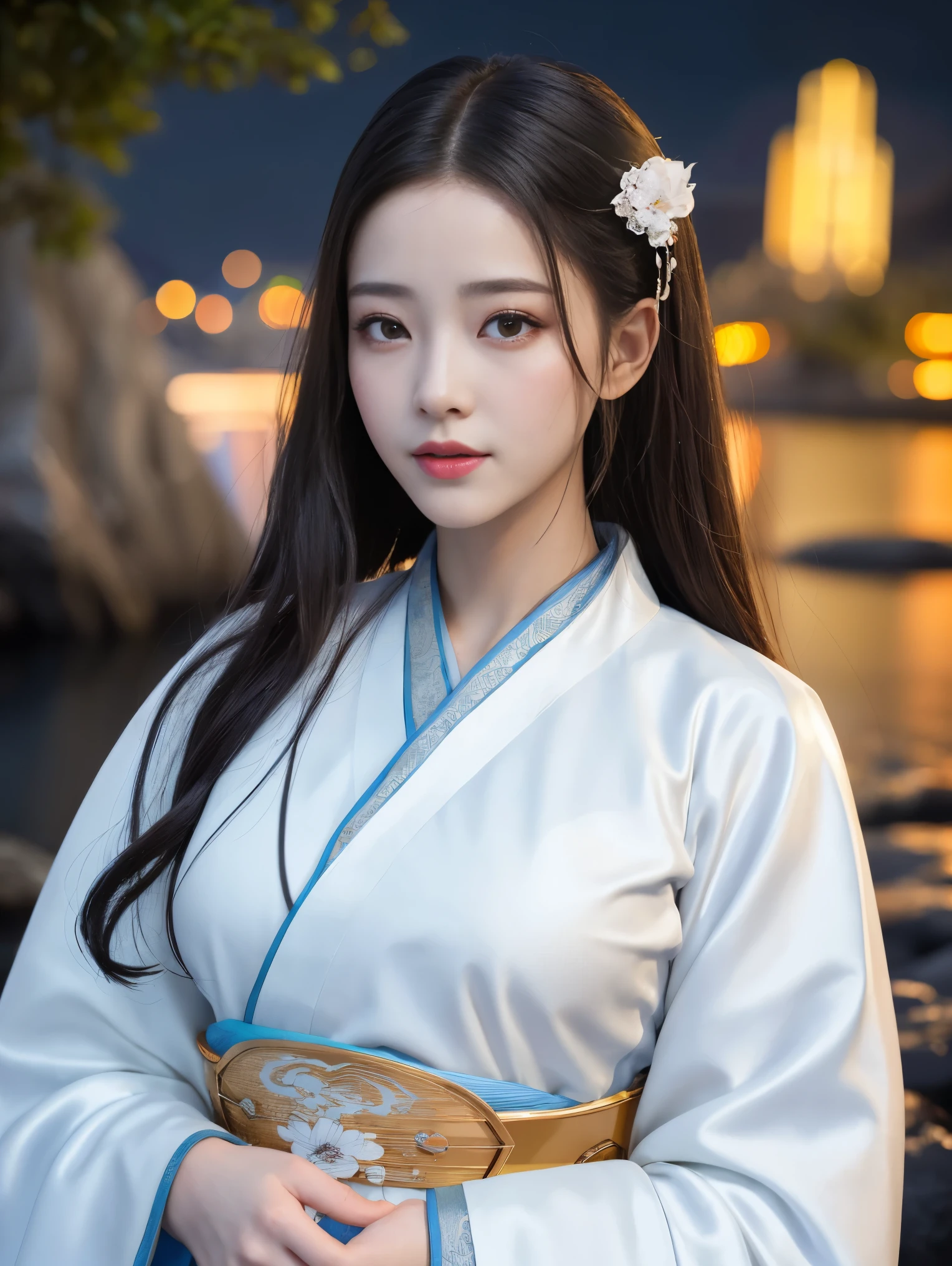 highest quality, masterpiece, High resolution,, 1 girl, detailed face, (Upper body:1.6), cyber city, mountains and rivers, night, Firefly Light, realistic, rich in details, (white hanfu:1.2), (beautiful body:1.4),illuminated by bright light