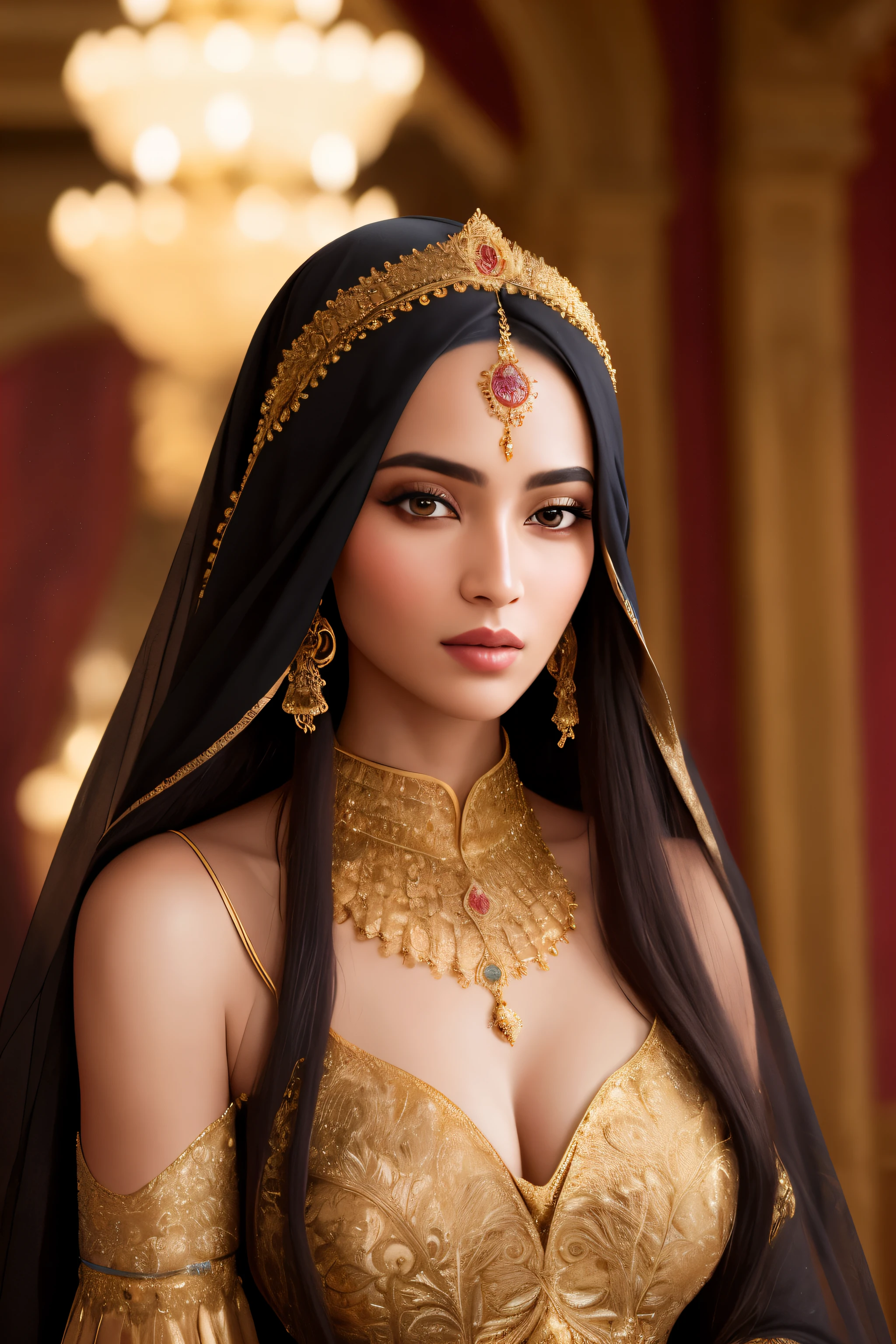 Women in scanty attire, reminiscent of Arabian Nights, pose elegantly within an opulent Arabian palace. Their voluptuous forms are accentuated by the intricate, golden decor, with long, flowing dark hair cascading down their shoulders. The women's expressive eyes convey a sense of mystery and allure. This exquisite, photorealistic image guarantees a high level of detail, showcasing the rich textures and intricatepatterns of their ornate clothing, as well as the intricately painted walls of the palace. Captured in 8K UHD with a 20MP camera, such as a Canon EOS R5 or F