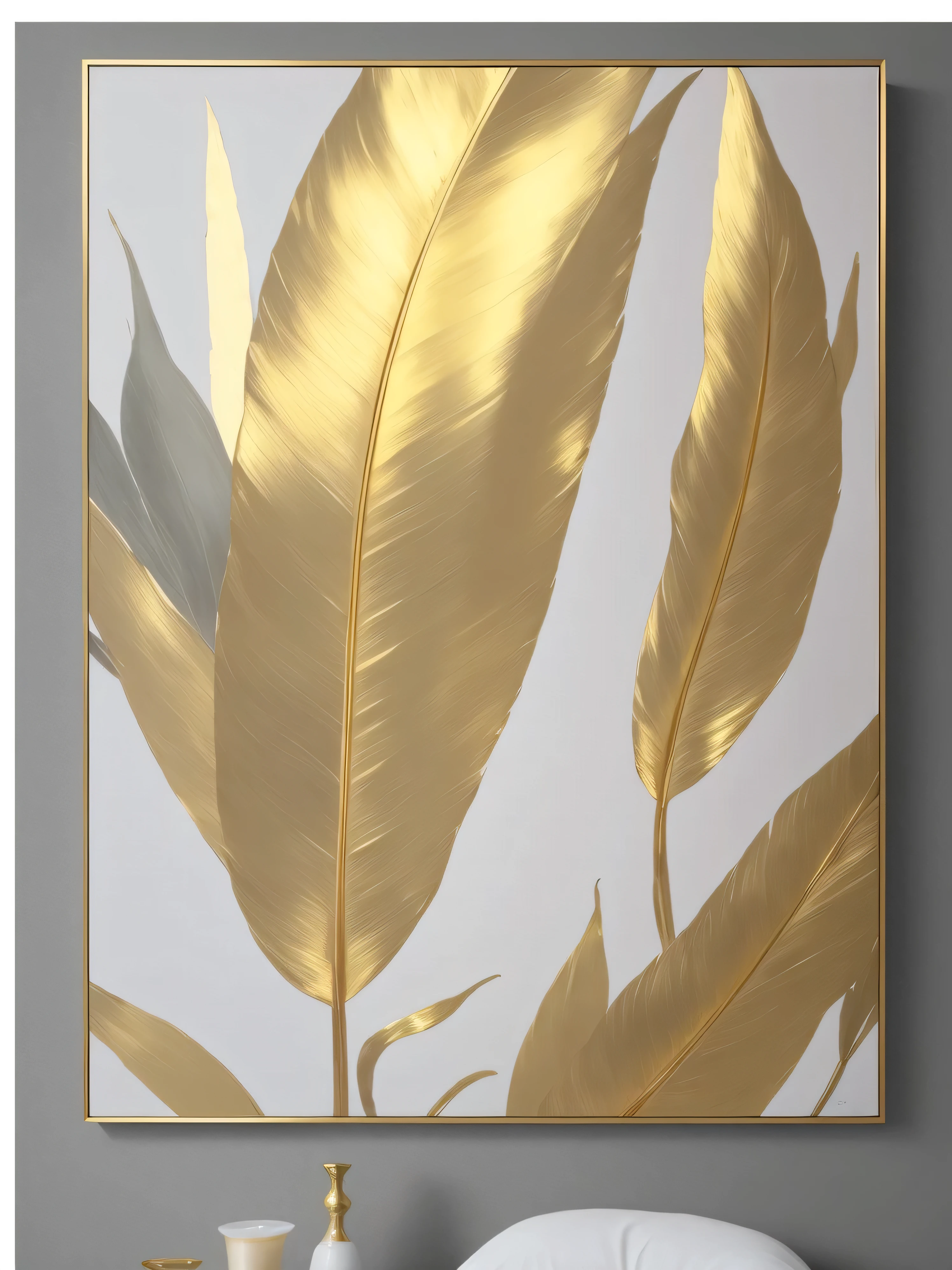 There is a painting of banana leaves on the wall, gold leaf子 painting, touch of gold leaf子, gold leaf子 art, touches of gold leaf子, gold leaf, golden feathers, silver white and gold, gold leaf子, Ethereal gold and silver tones, high quality, canvas painting, golden and silver colors, nacre painting, Fine detail gold brushstrokes, gold and white