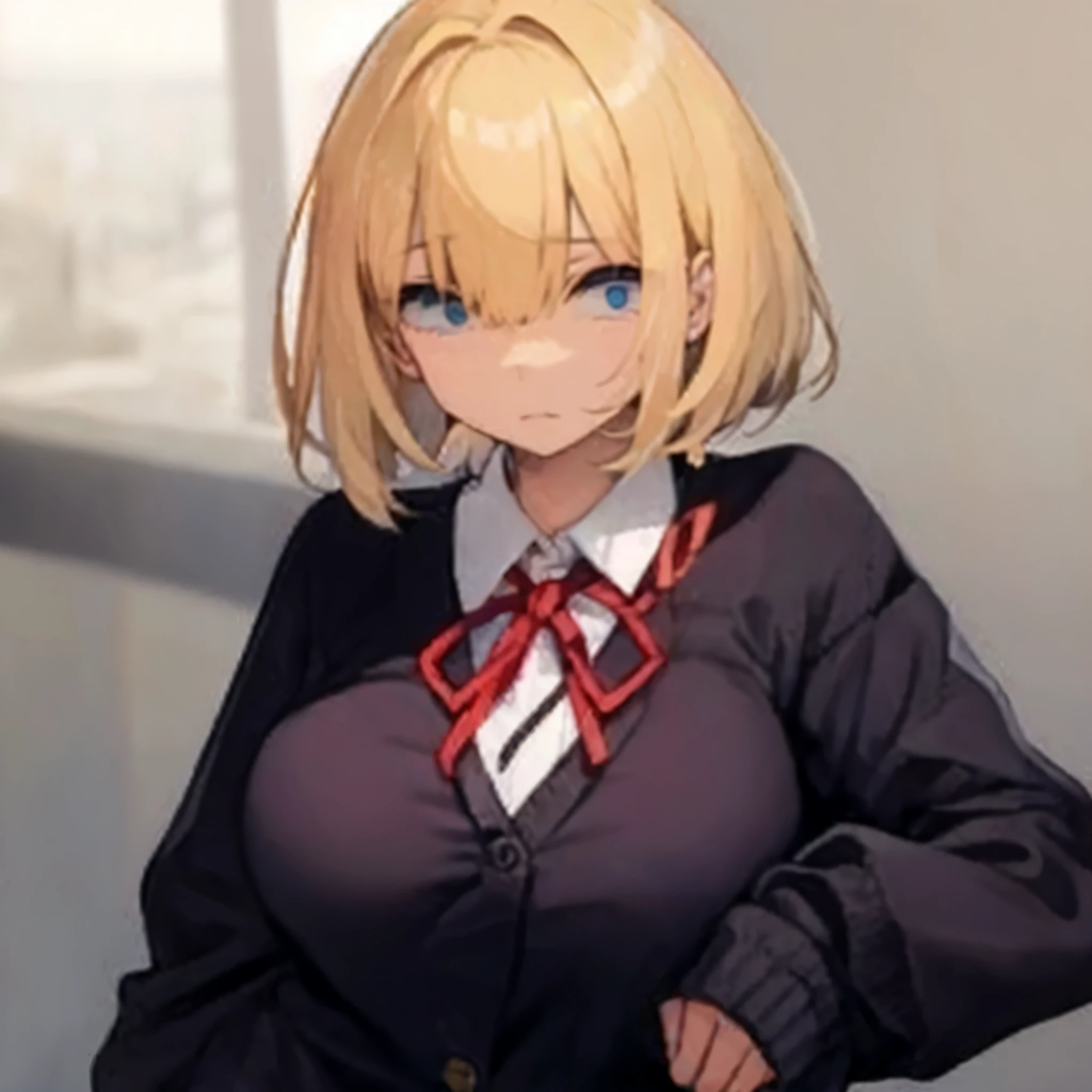 pose standing one leg up, Full body,standing,solo,gal,1Girl,jitome,blue eyes,hair over one eye,large breasts, brown skin,(Constricted pupils,),(),BREAK,blonde is hair, straight bob cut,BREAK,School Uniforms, dark grey short pleated skirt,BREAK,sleeves past wrists black baggy cardigan,BREAK,inner wear is white collared-shirt, BREAK,It's loose red small ribbon,black socks, loafers